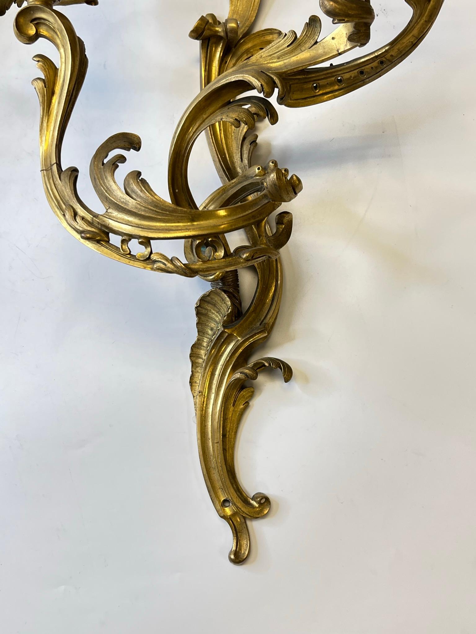 French Pair Louis XV Rococo Style Gilt Bronze Two Light Sconces For Sale