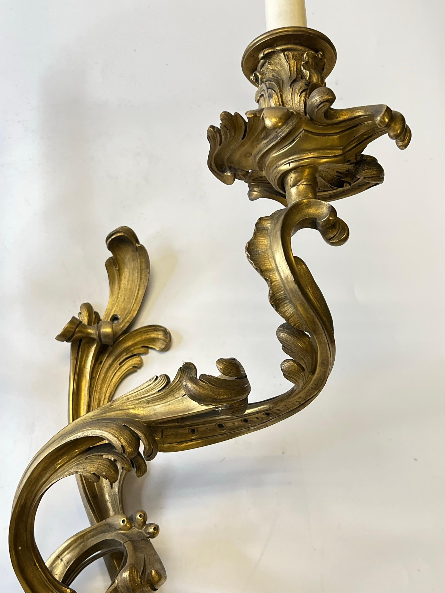Pair Louis XV Rococo Style Gilt Bronze Two Light Sconces In Good Condition For Sale In New York, NY
