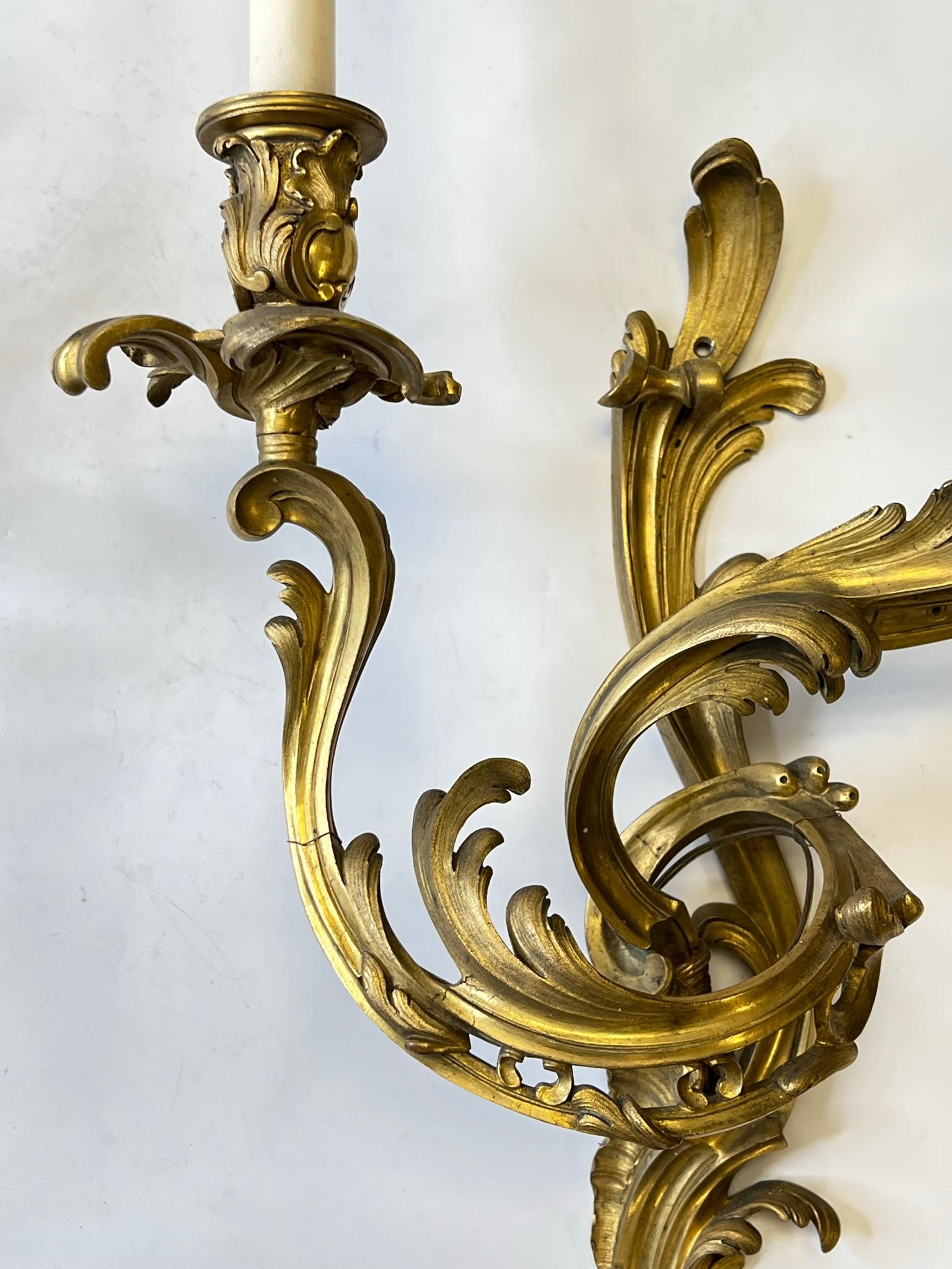Late 19th Century Pair Louis XV Rococo Style Gilt Bronze Two Light Sconces For Sale
