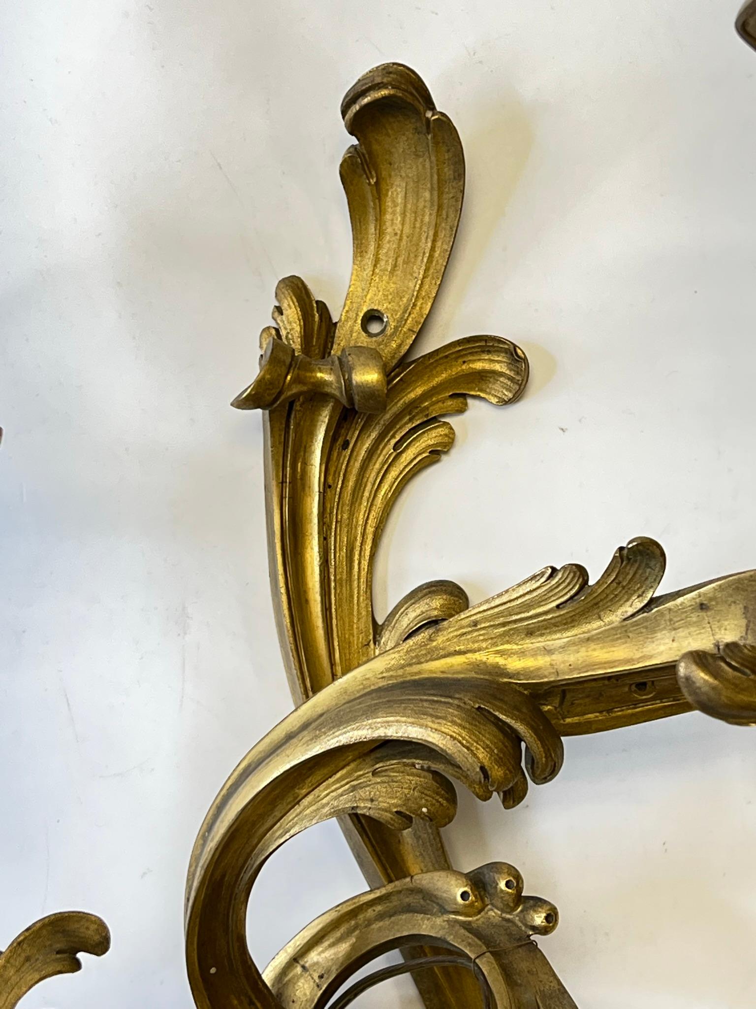 Pair Louis XV Rococo Style Gilt Bronze Two Light Sconces For Sale 1