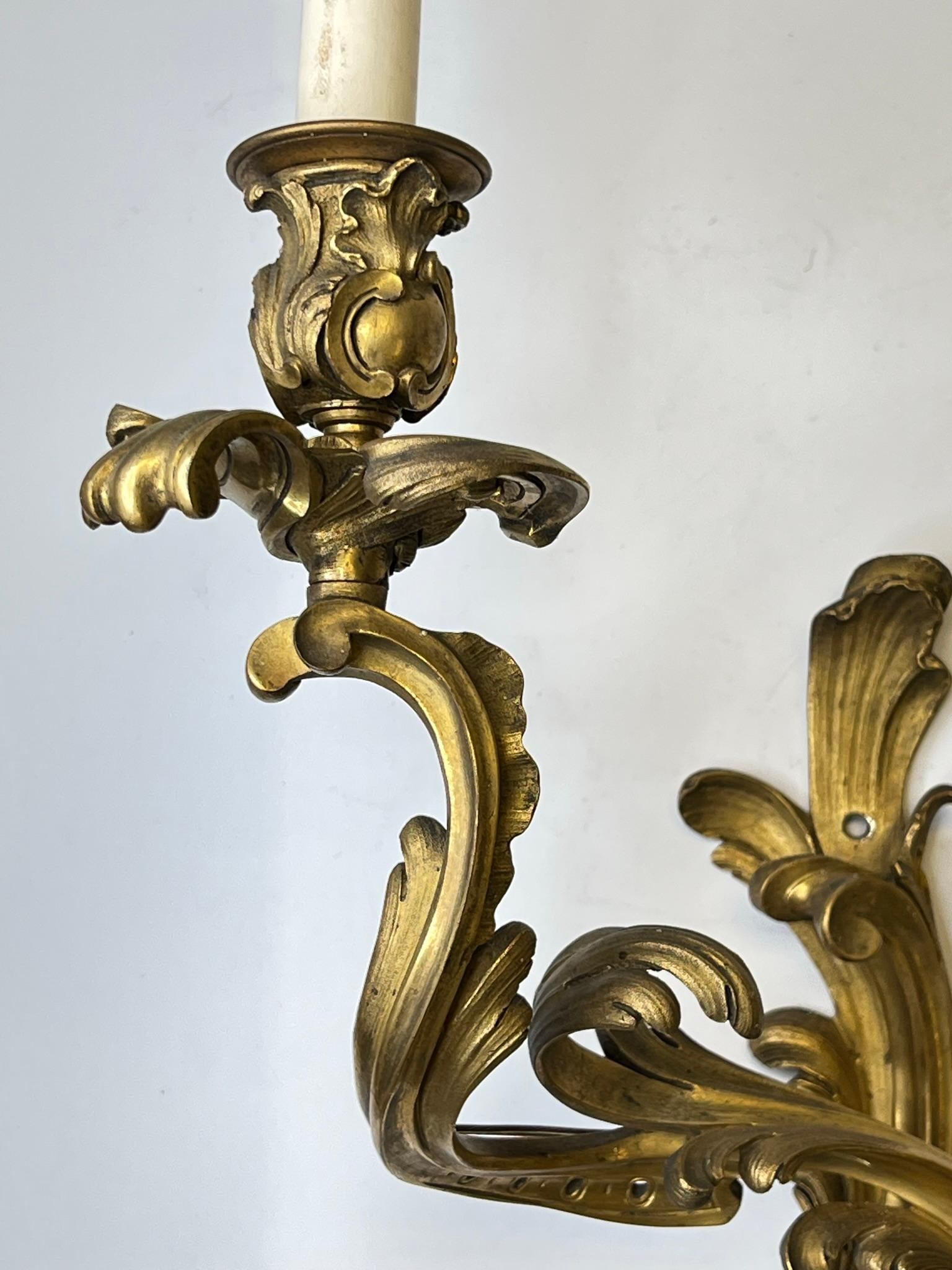 Pair Louis XV Rococo Style Gilt Bronze Two Light Sconces For Sale 3