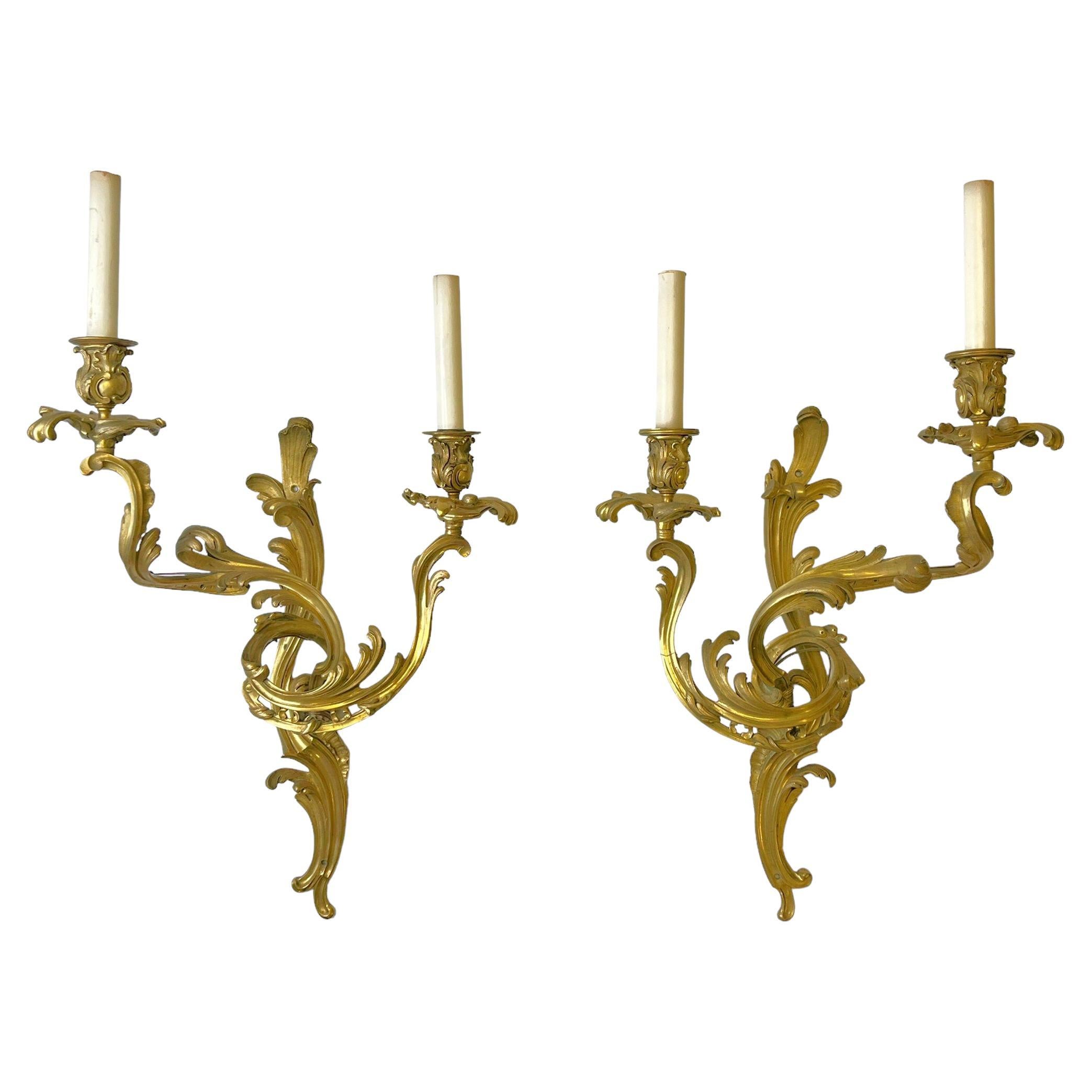 Pair Louis XV Rococo Style Gilt Bronze Two Light Sconces For Sale