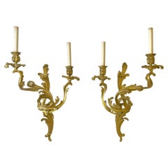 Pair Louis XV Rococo Style Gilt Bronze Two Light Sconces