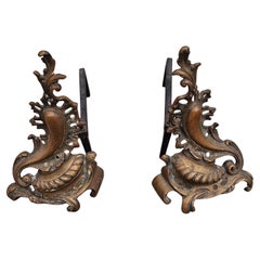 Paire de chenets en fer et laiton anciens de style Louis XV, vers 1880