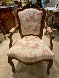 Pair Louis XV-Style Arm Chairs in Walnut with Carved Cartouche Toile Upholstery