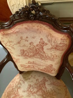 Pair Louis XV-Style Arm Chairs in Walnut with Carved Cartouche Toile Upholstery
