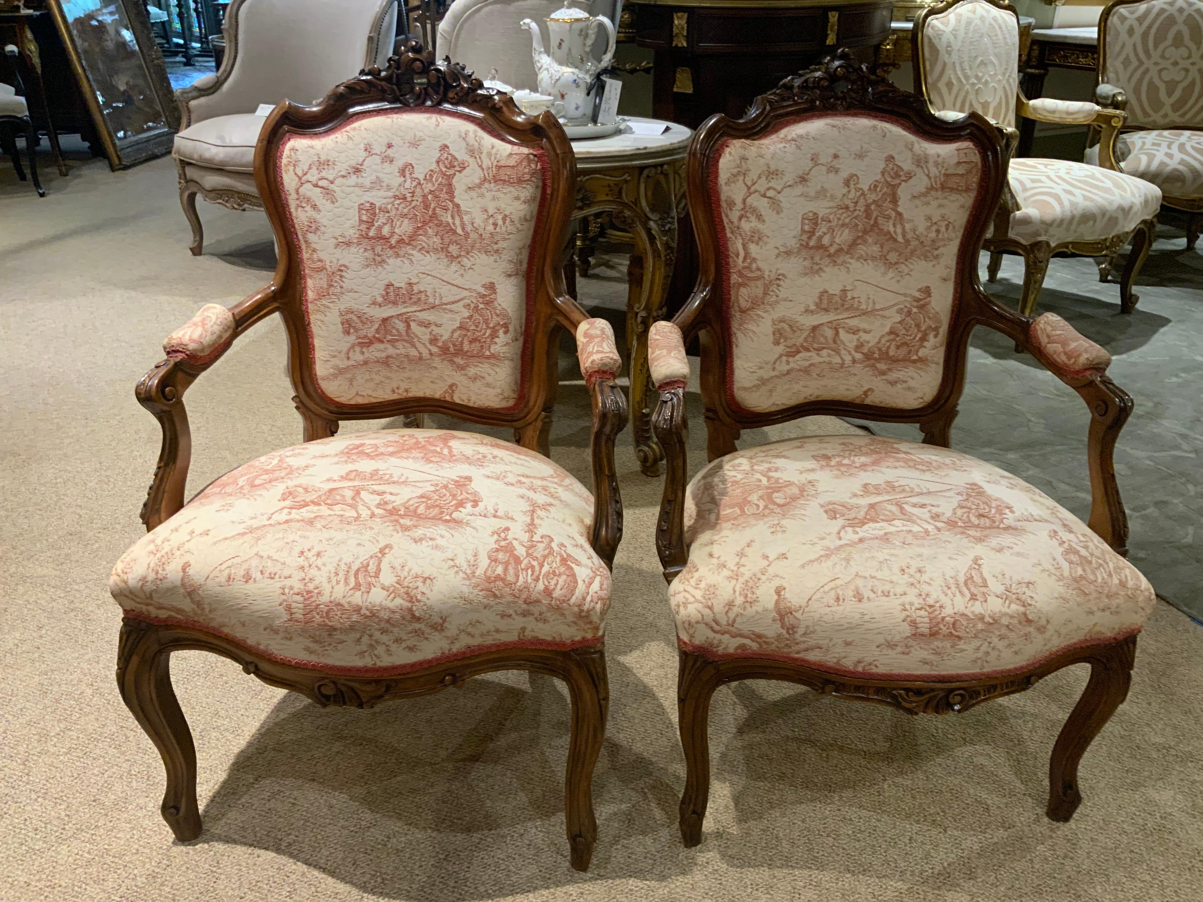 French Pair Louis XV-Style Arm Chairs in Walnut with Carved Cartouche Toile Upholstery