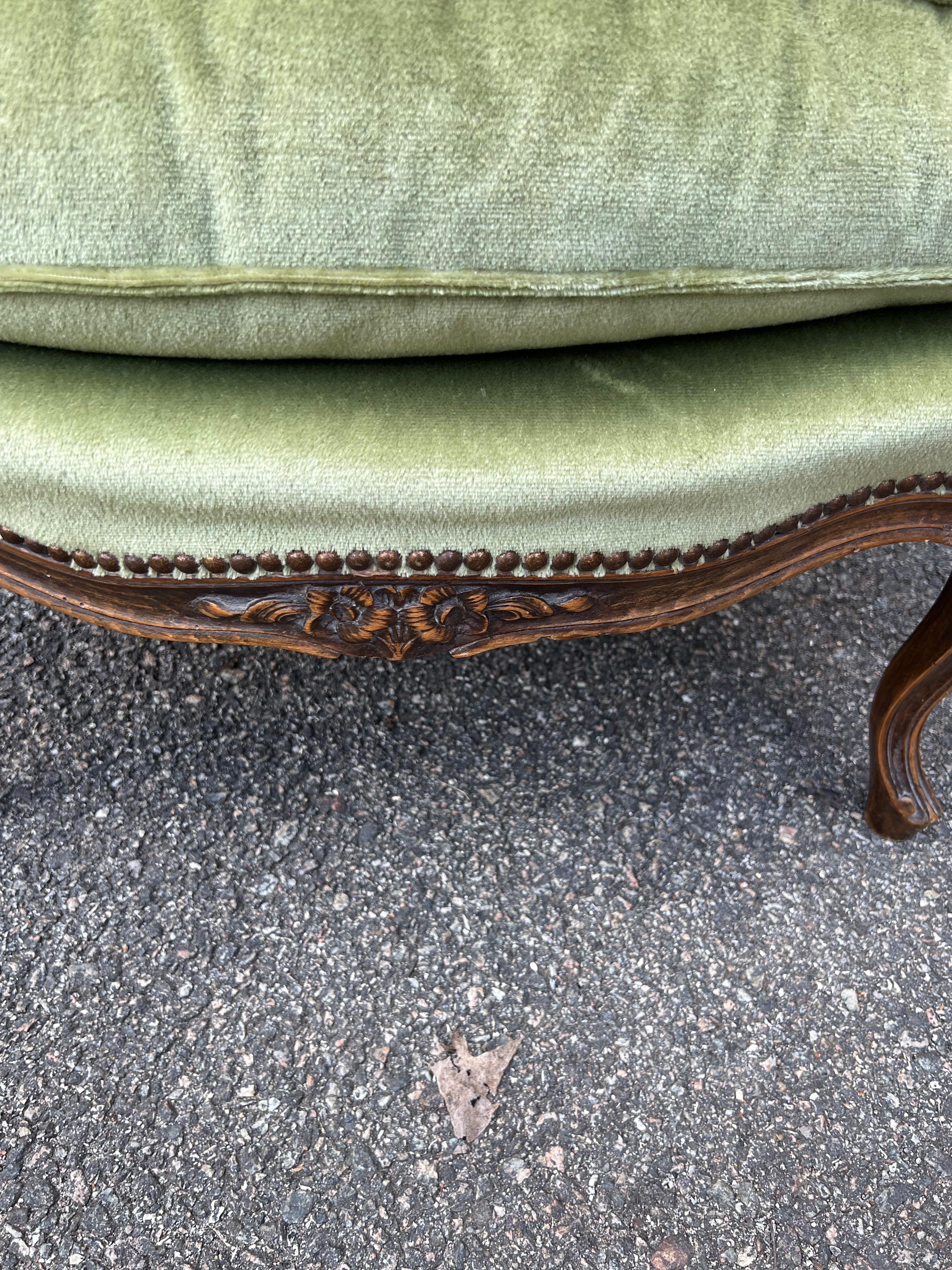 Pair Louis XV Style Armchairs in Green Velvet 6