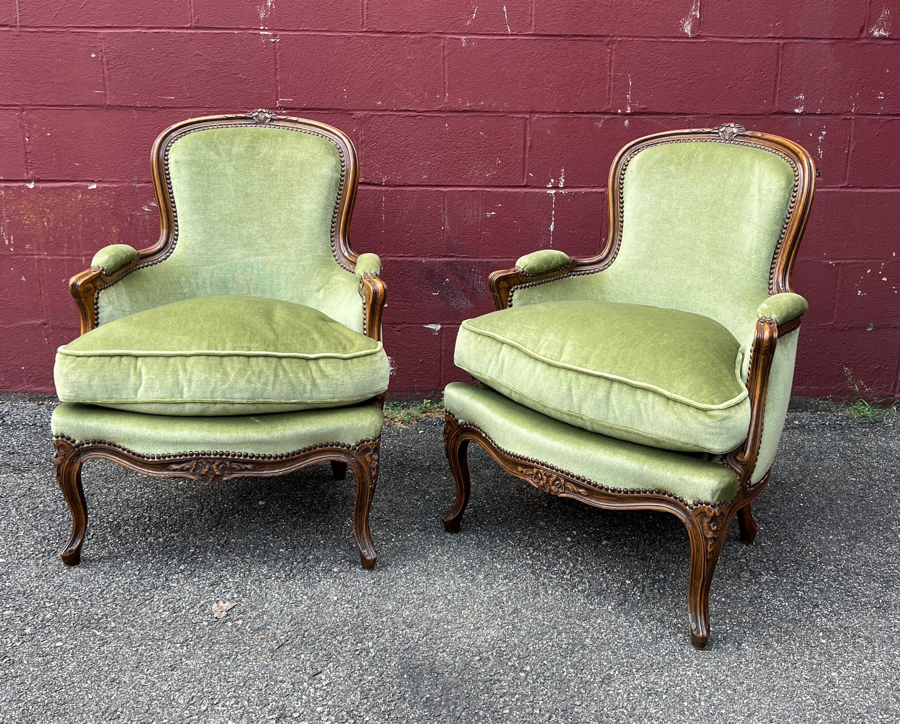 Pair Louis XV Style Armchairs in Green Velvet 8