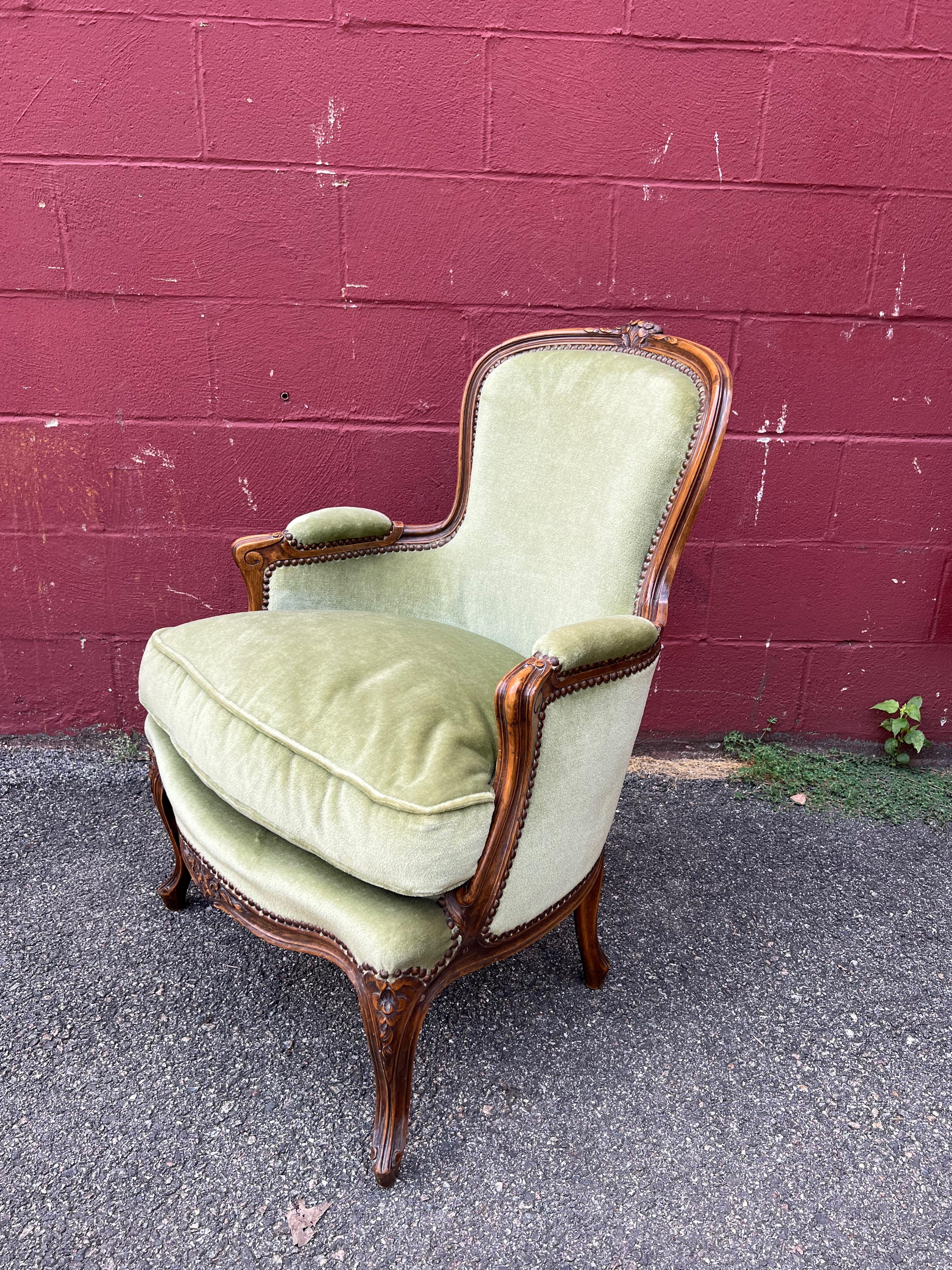 Early 20th Century Pair Louis XV Style Armchairs in Green Velvet