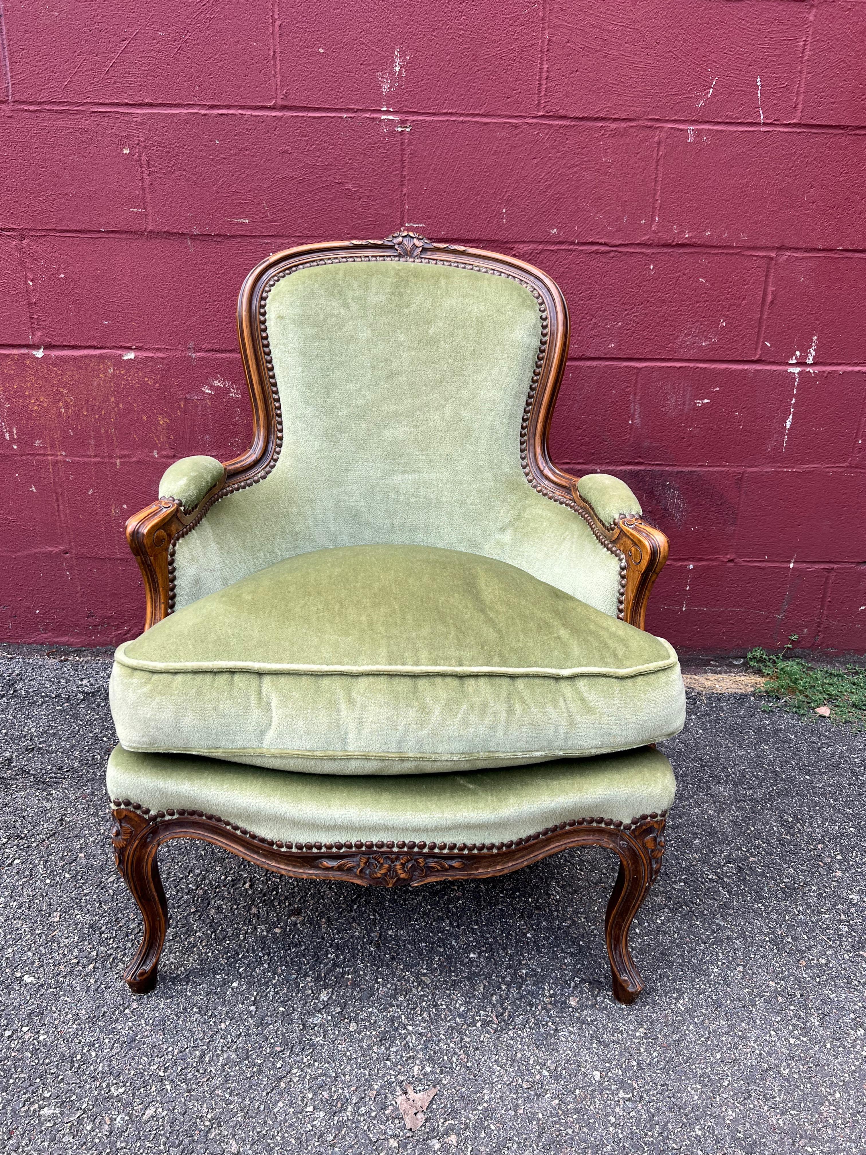Fruitwood Pair Louis XV Style Armchairs in Green Velvet