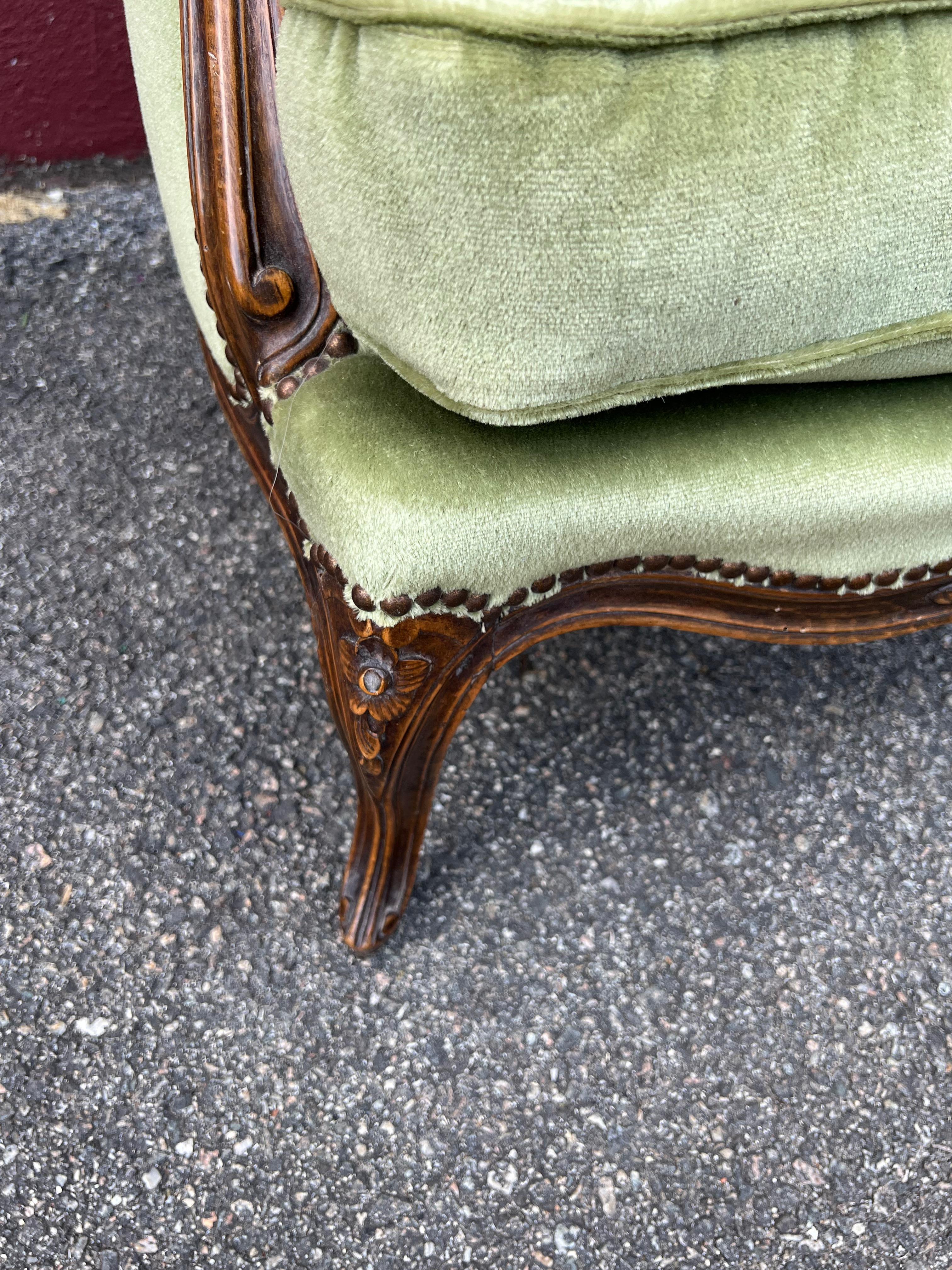 Pair Louis XV Style Armchairs in Green Velvet 4