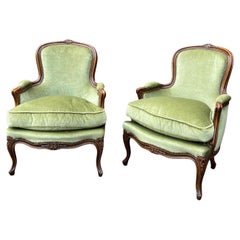 Pair Louis XV Style Armchairs in Green Velvet
