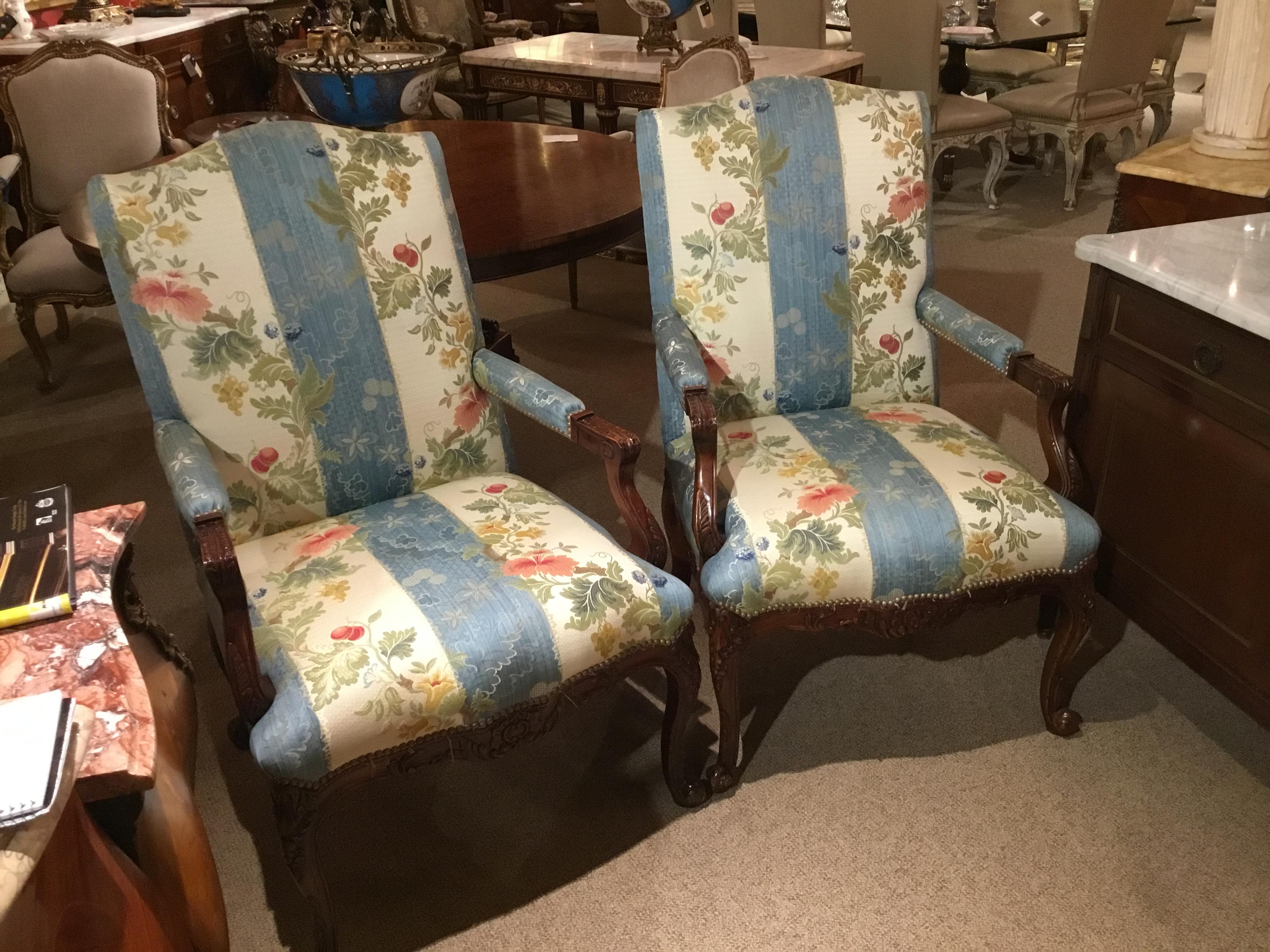 French Pair of Louis XV Style Armchairs, Large Scale, Designer Upholstery Walnut