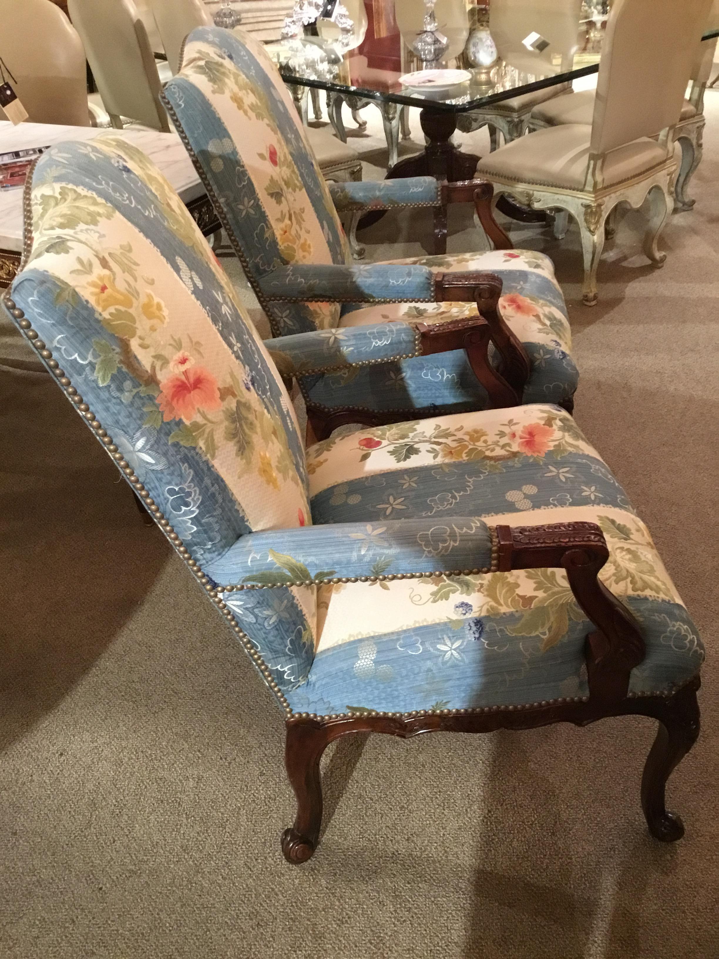 20th Century Pair of Louis XV Style Armchairs, Large Scale, Designer Upholstery Walnut