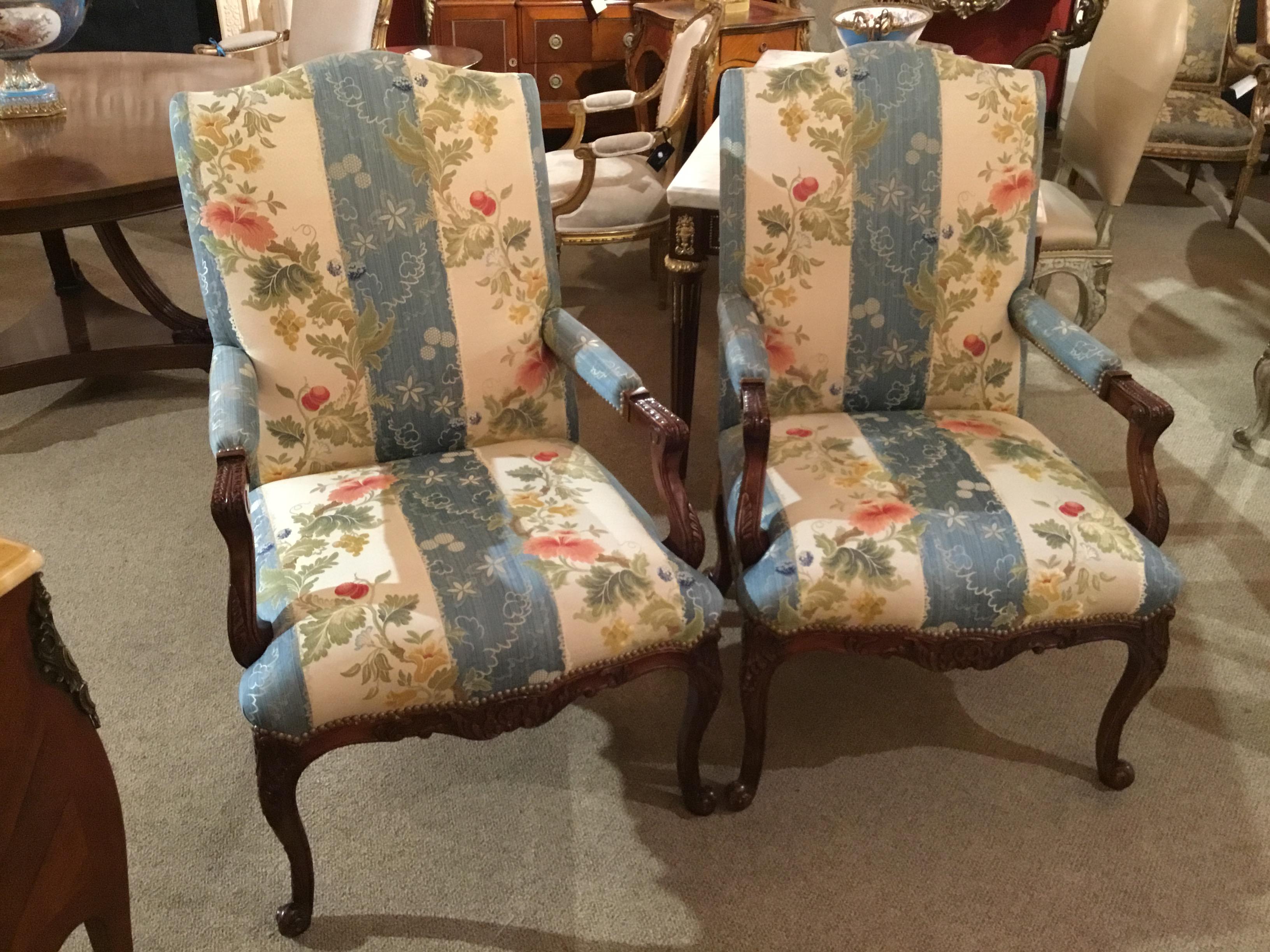 Pair of Louis XV Style Armchairs, Large Scale, Designer Upholstery Walnut 3