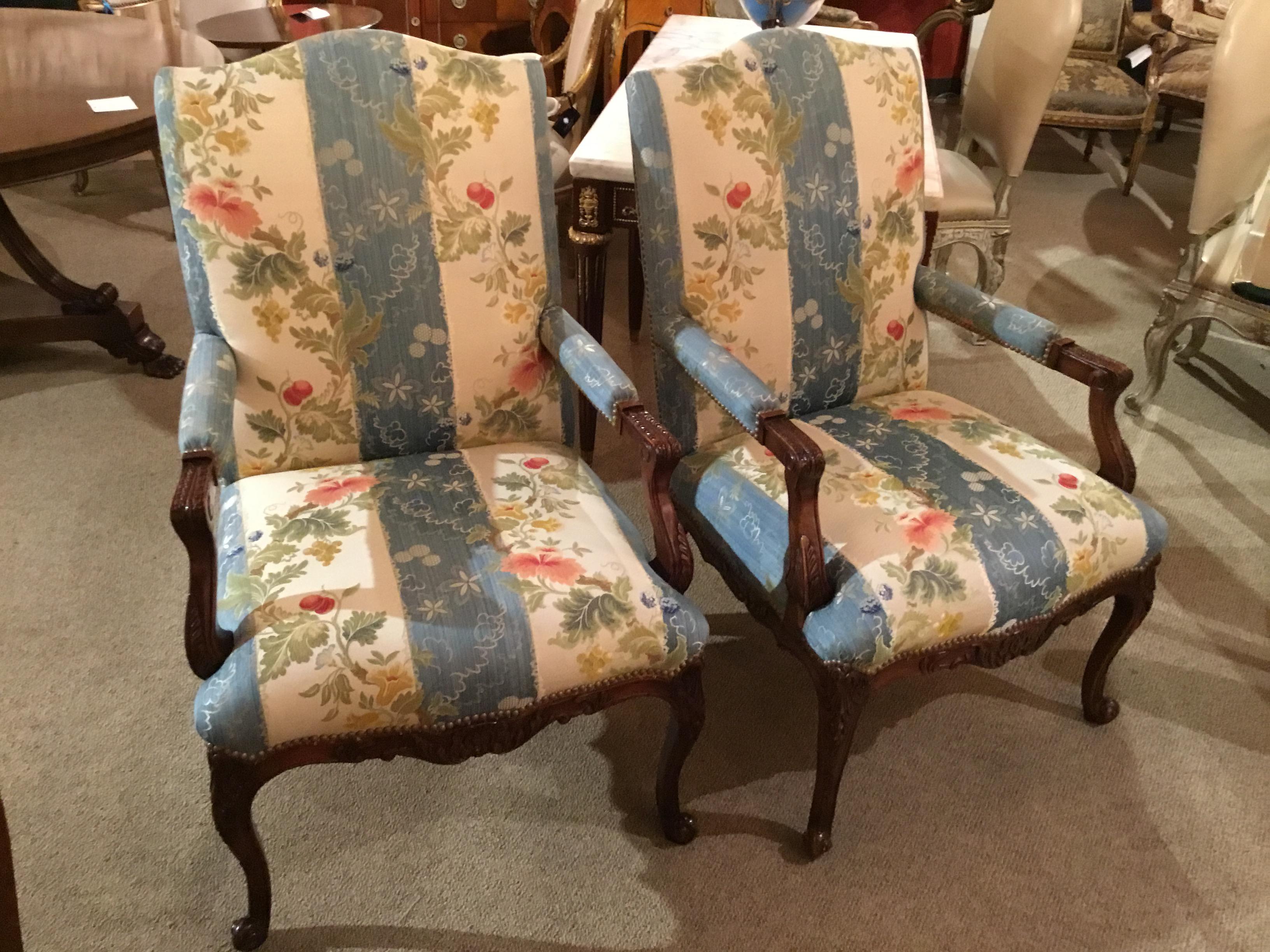 Pair of Louis XV Style Armchairs, Large Scale, Designer Upholstery Walnut 4