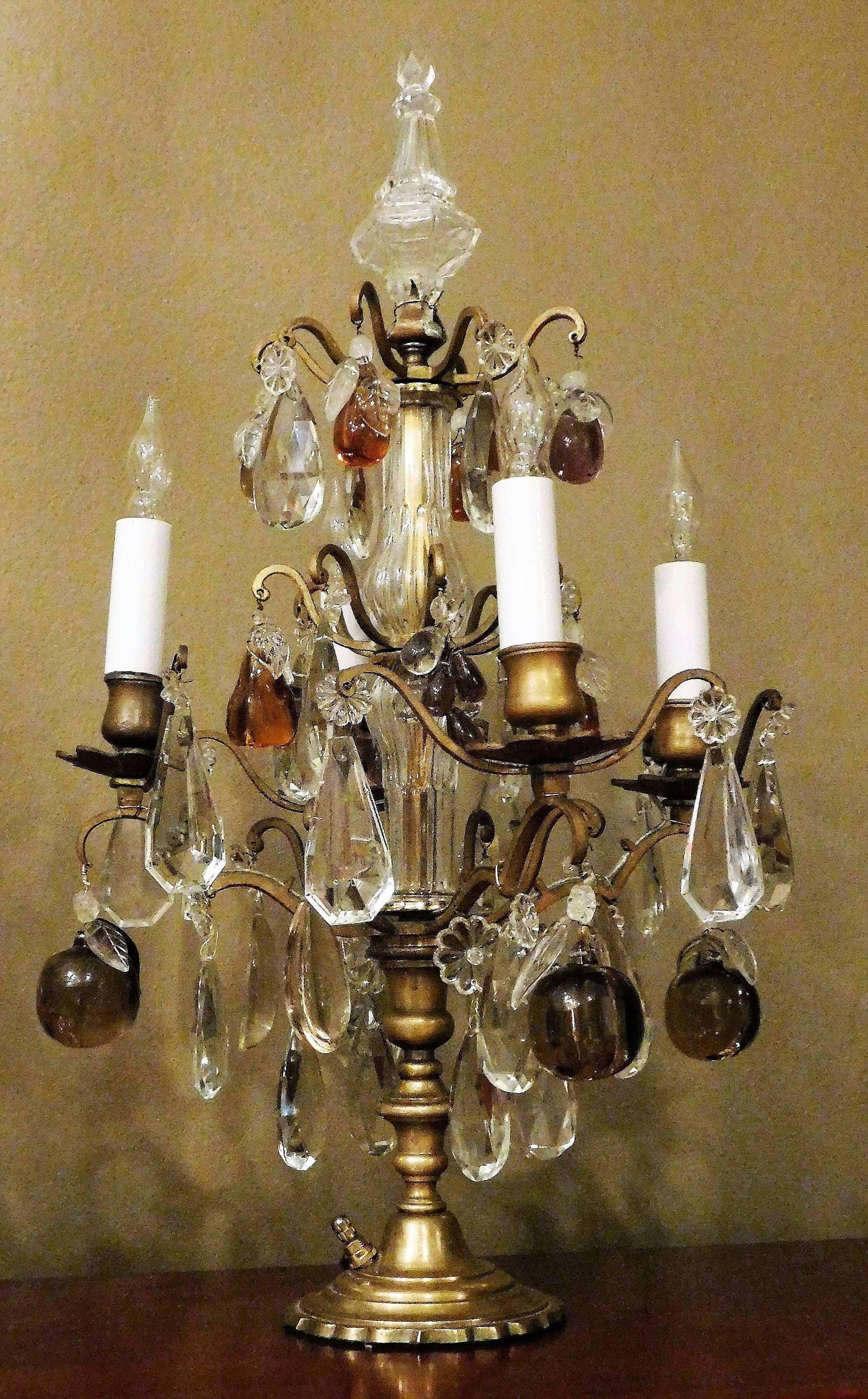 French Pair of Louis XV Bronze & Crystal Four-Light Candelabra, France, circa 1910