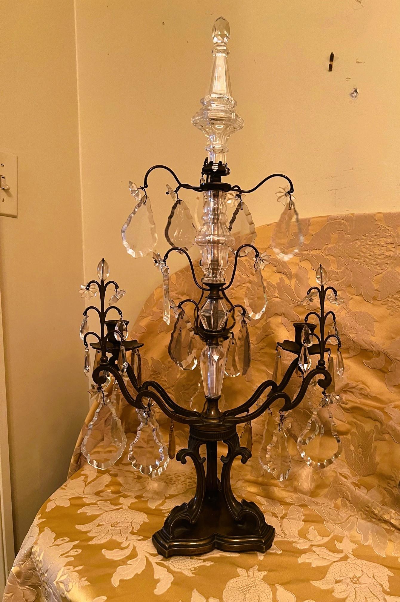 Pair Louis XV Style Bronze & Crystal Candelabras, France For Sale 3