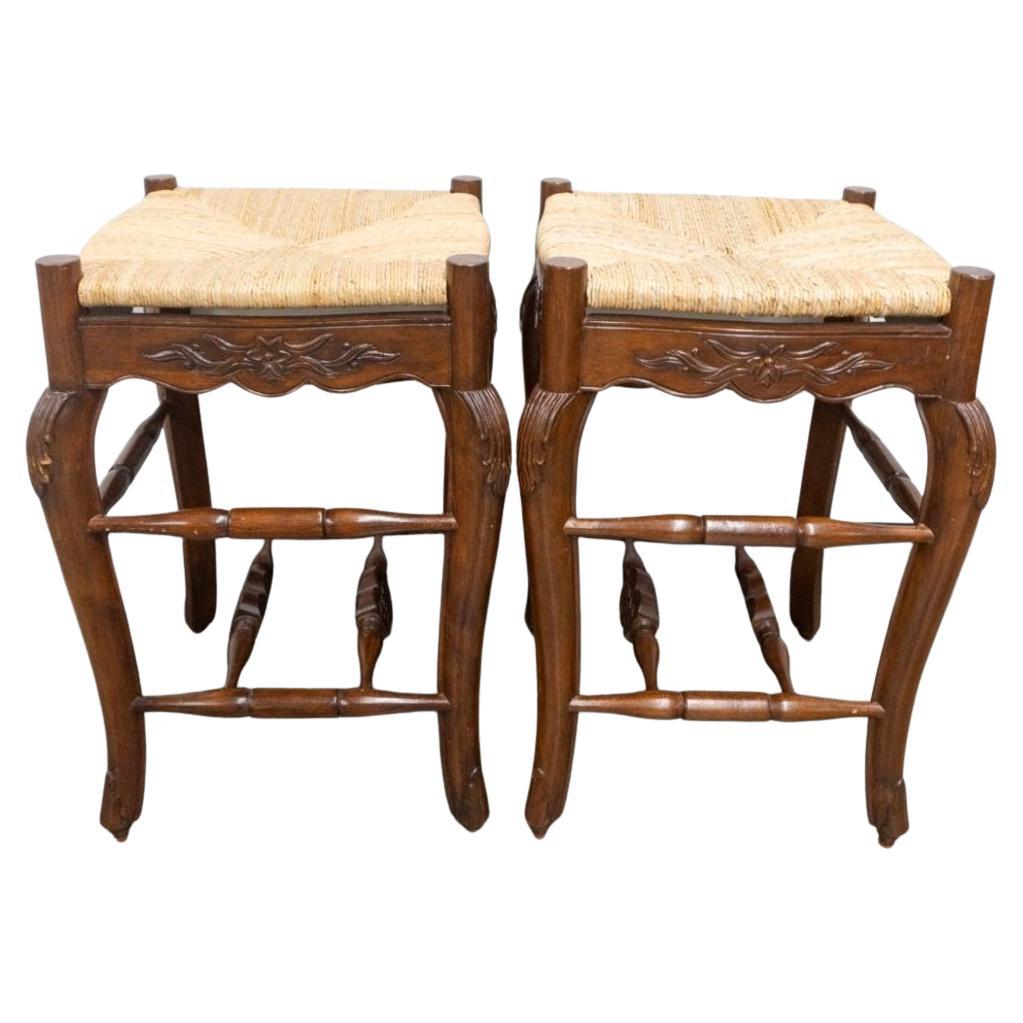 Pair Louis XV Style Carved Mahogany and Rush Seat Counter Stools