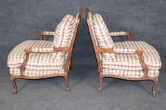 Pair Louis XV Style Carved Wood Armchairs with Plaid Upholstery