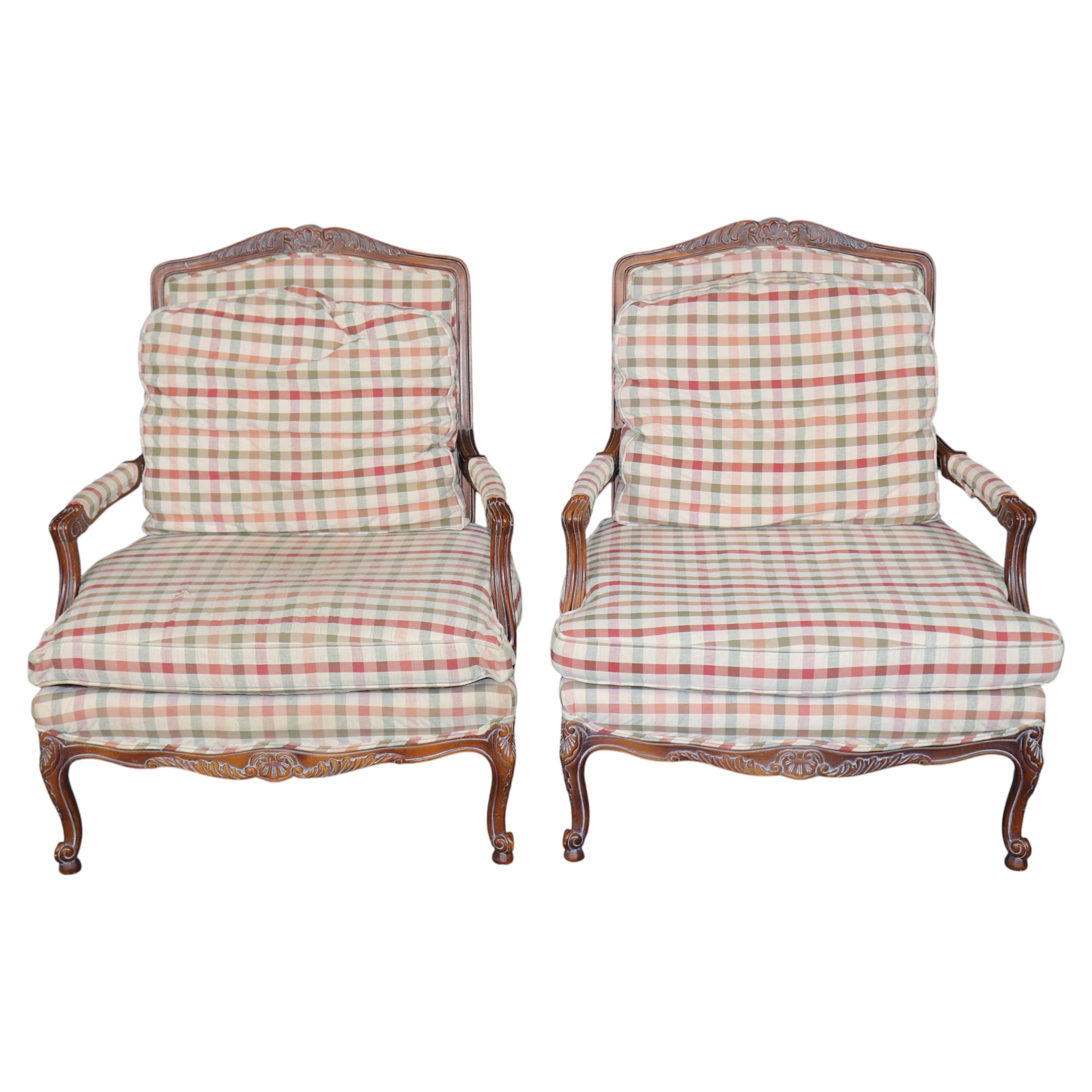 Pair Louis XV Style Carved Wood Armchairs with Plaid Upholstery For Sale