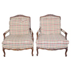Pair Louis XV Style Carved Wood Armchairs with Plaid Upholstery