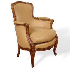Pair of Louis XV Style Cherry Bergere Chairs Recently Reupholstered in Leather