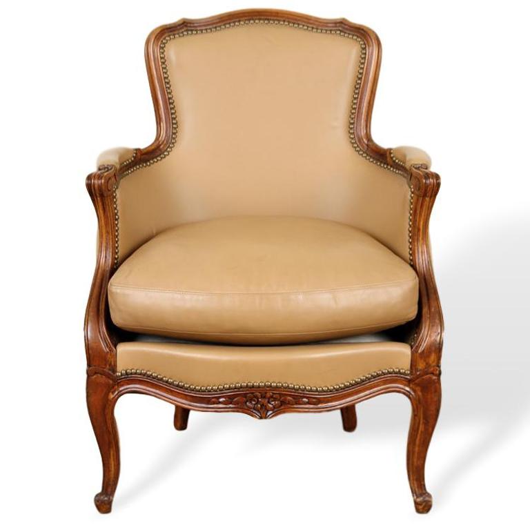 French Pair of Louis XV Style Cherry Bergere Chairs Recently Reupholstered in Leather