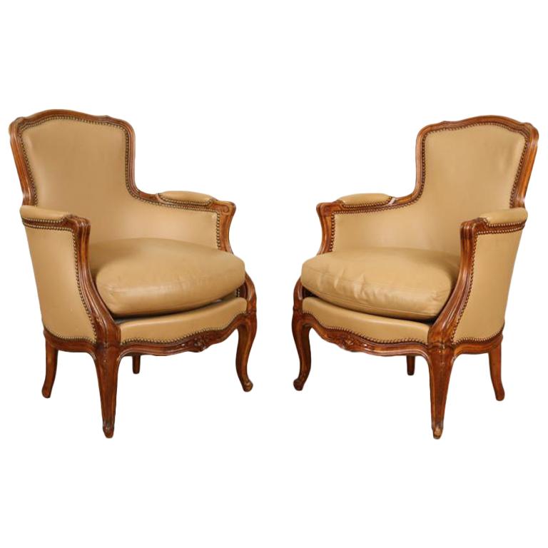 Pair of Louis XV Style Cherry Bergere Chairs Recently Reupholstered in Leather