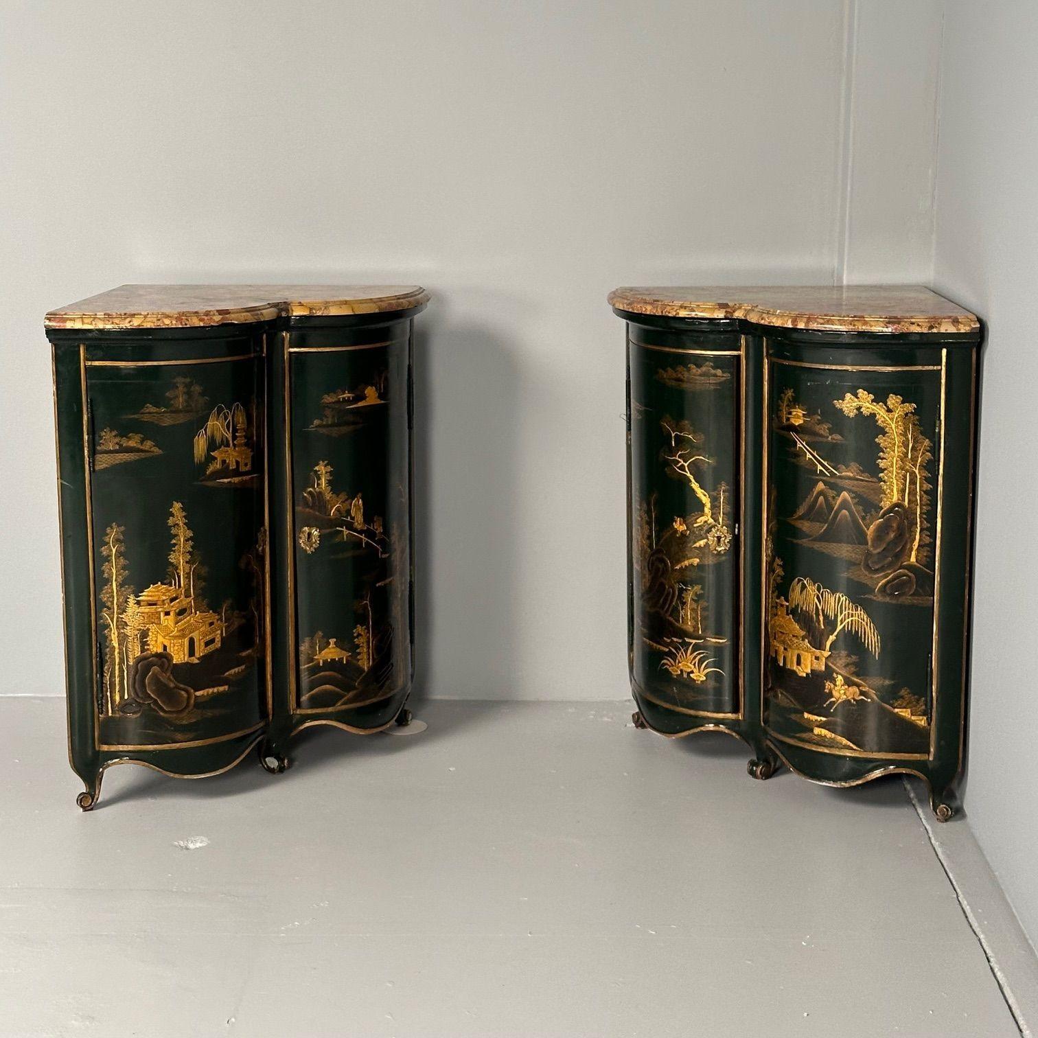 Pair of Maison Jansen Louis XV Style green and gilt Japanned Encoignures

Finely Japanned raised figure corner cabinets certain to have been made for someone of note. The superb French marble tops, having been professionally restored, supported by a