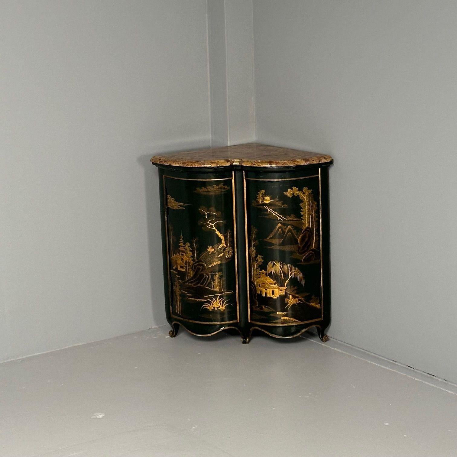 Early 20th Century Pair Louis XV Style Japanned Corner Cabinets / Encoignures, Christies Provenance For Sale