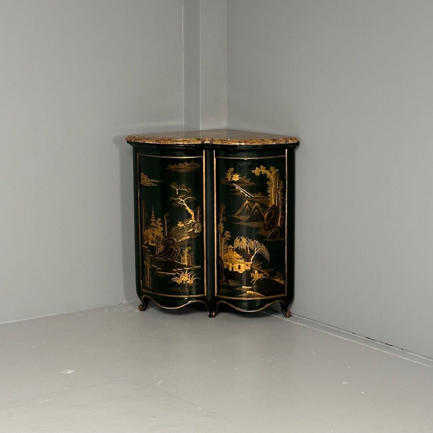 Marble Pair Louis XV Style Japanned Corner Cabinets / Encoignures, Christies Provenance For Sale