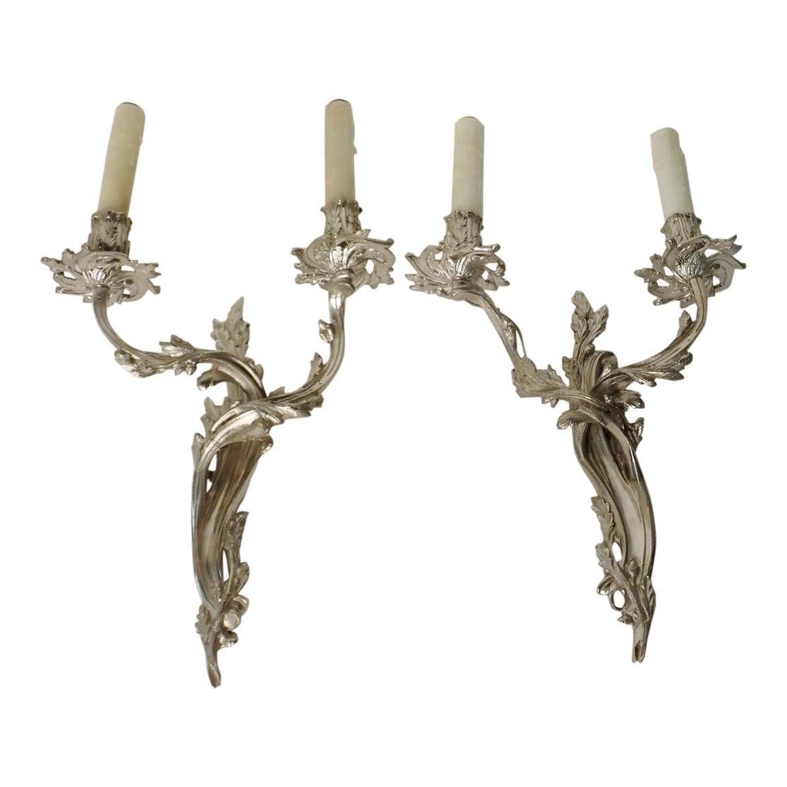 Pair of Louis XV Style Nickel over Bronze Sconces For Sale 4