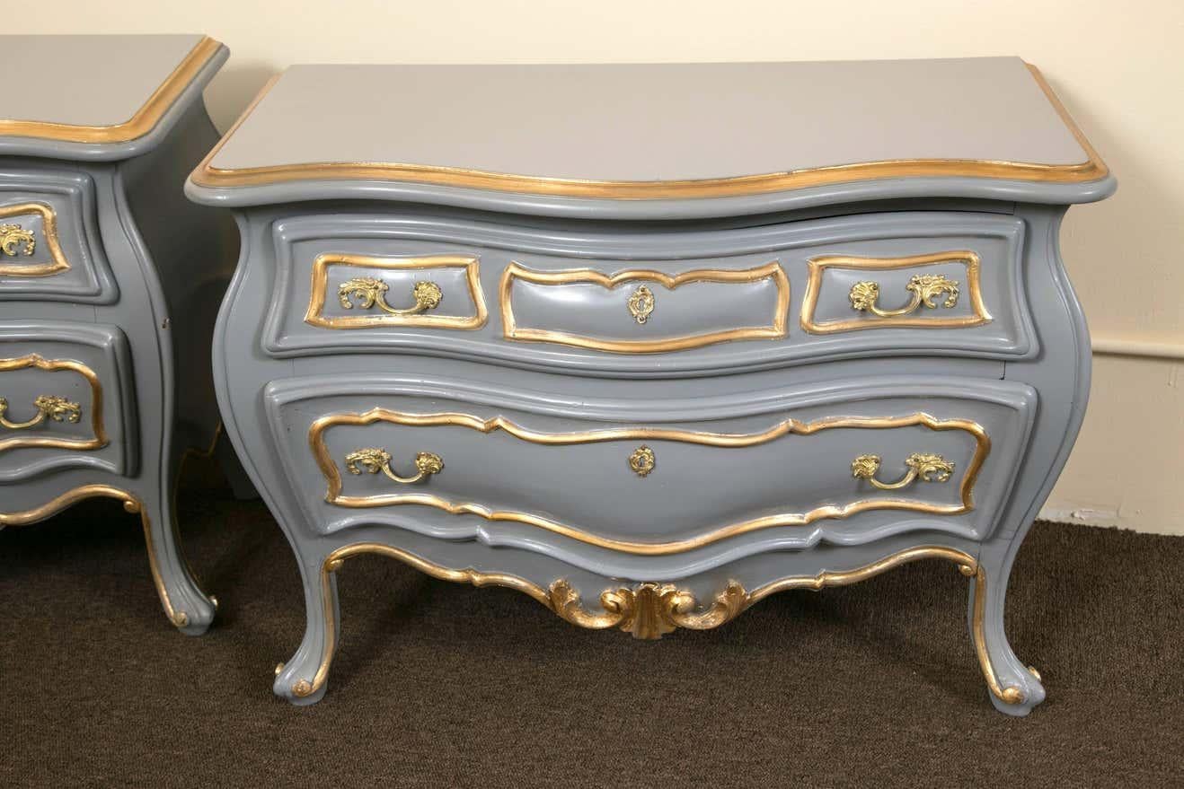 Pair Louis XV Style Parcel Paint and Gilt Decorated Bombe Commodes Nightstands 2