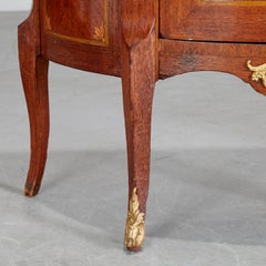 Pair, Louis XV Style Parquetry Demi-Lune Commodes with Brèche d'Alep Marble Tops