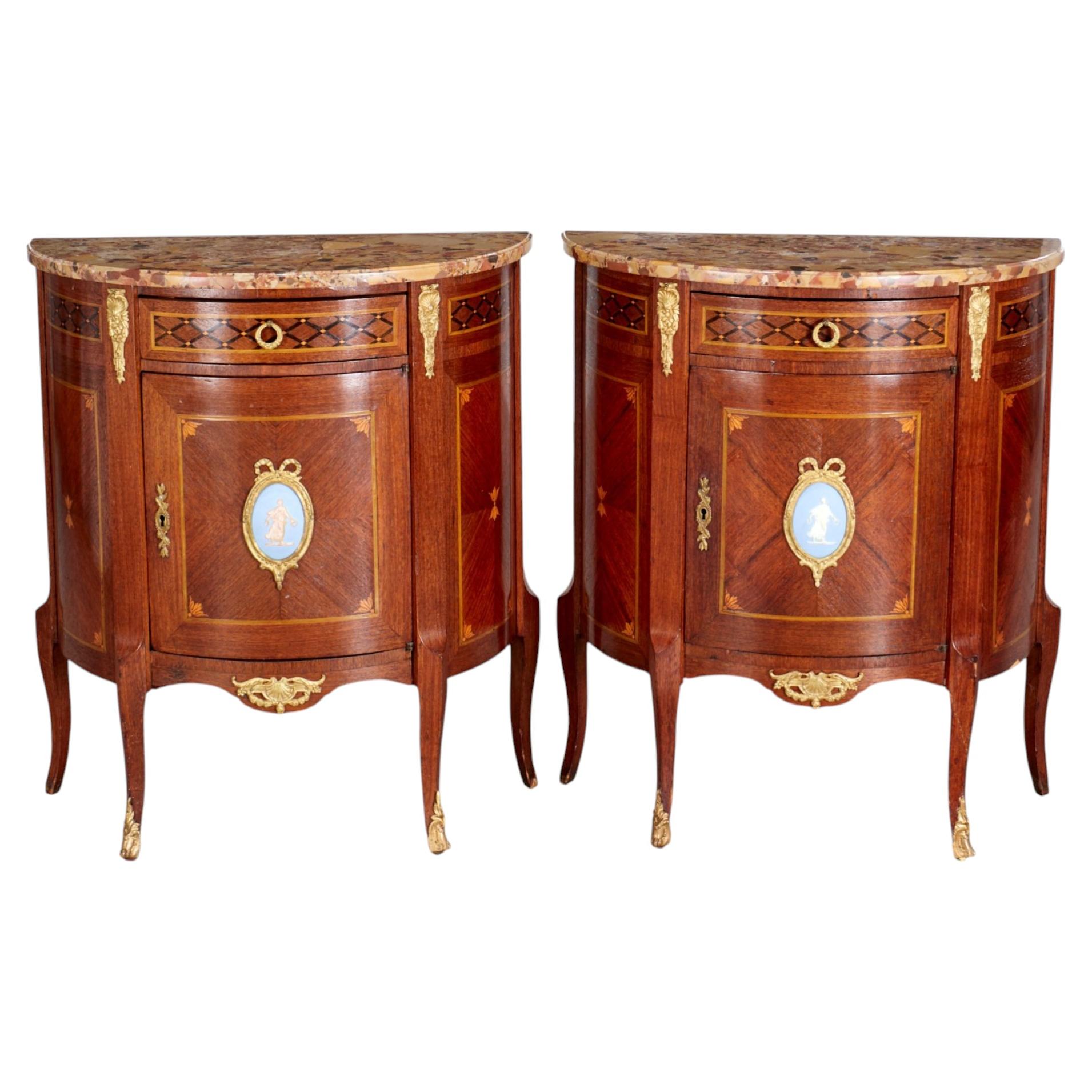 Pair, Louis XV Style Parquetry Demi-Lune Commodes with Brèche d'Alep Marble Tops