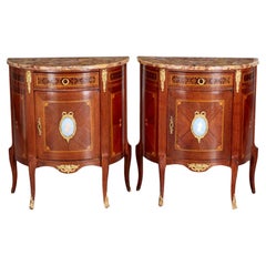Pair, Louis XV Style Parquetry Demi-Lune Commodes with Brèche d'Alep Marble Tops