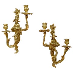 Paire d'appliques de style Louis XV Transitionnel en bronze doré Chinoiserie