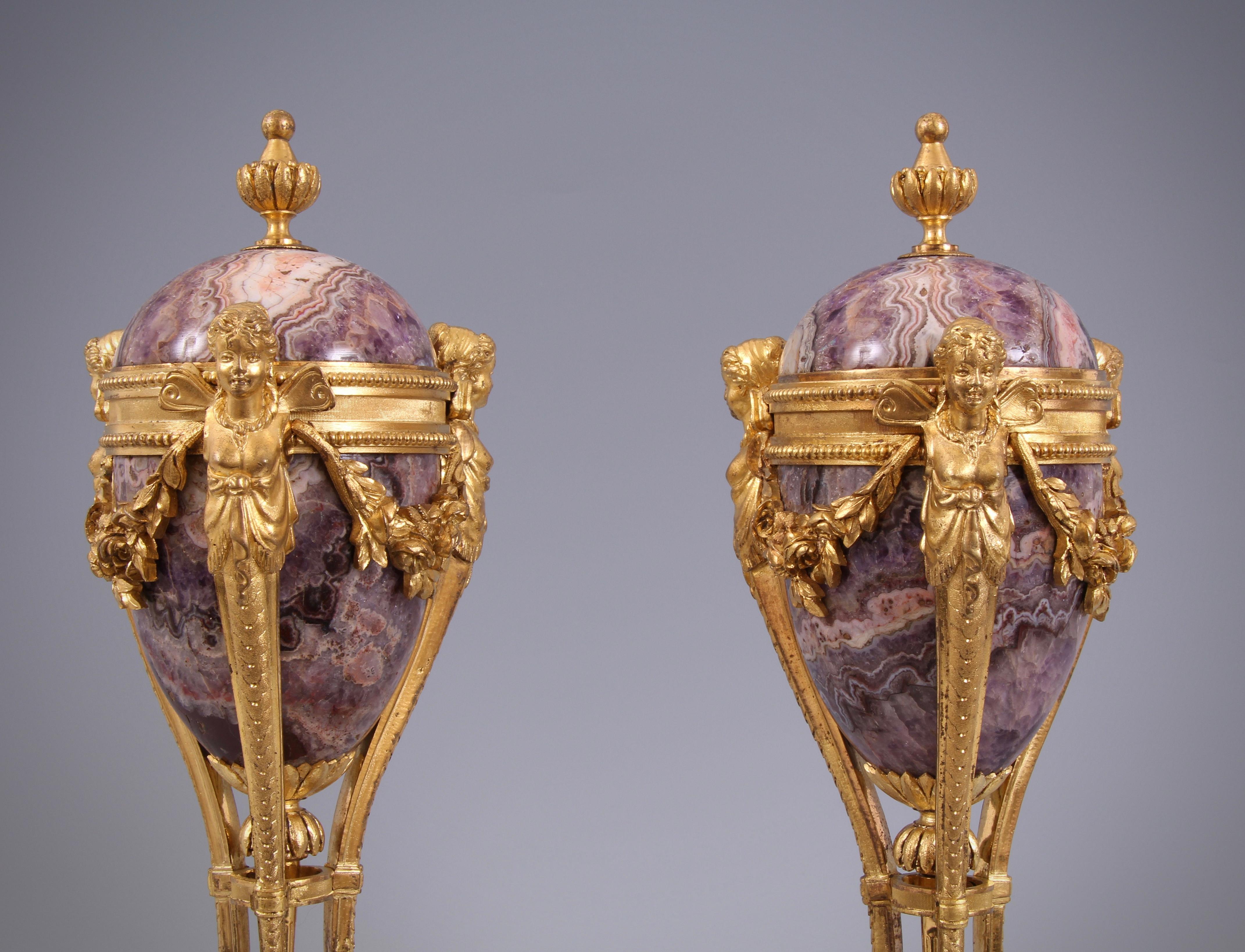 French Pair of Louis XVI Amethyst and Gilt Bronze Cassolettes