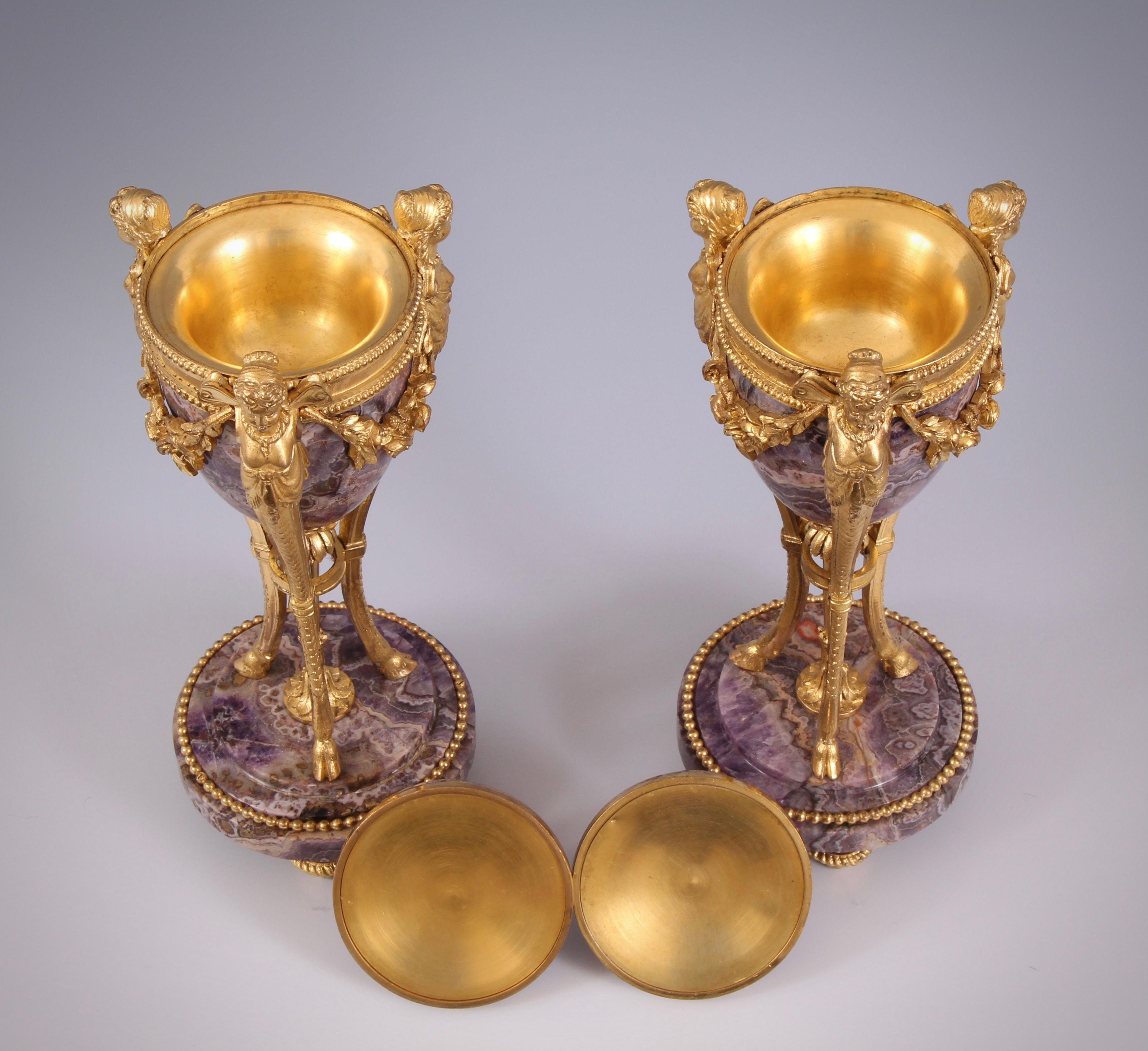 18th Century and Earlier Pair of Louis XVI Amethyst and Gilt Bronze Cassolettes