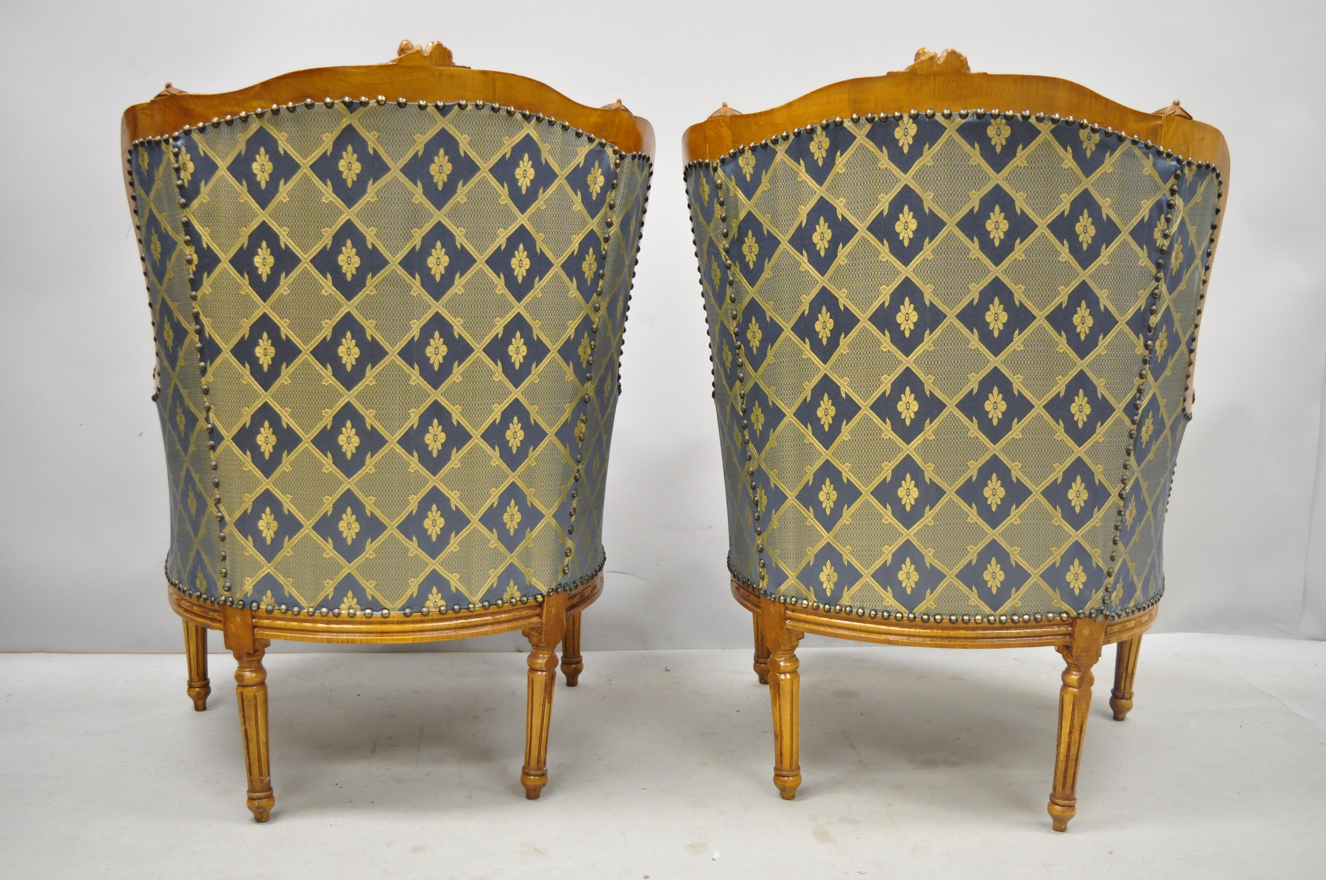 Pair of Louis XVI French Upholstered Wingback Bergere Lounge Armchairs Blue Gold 5