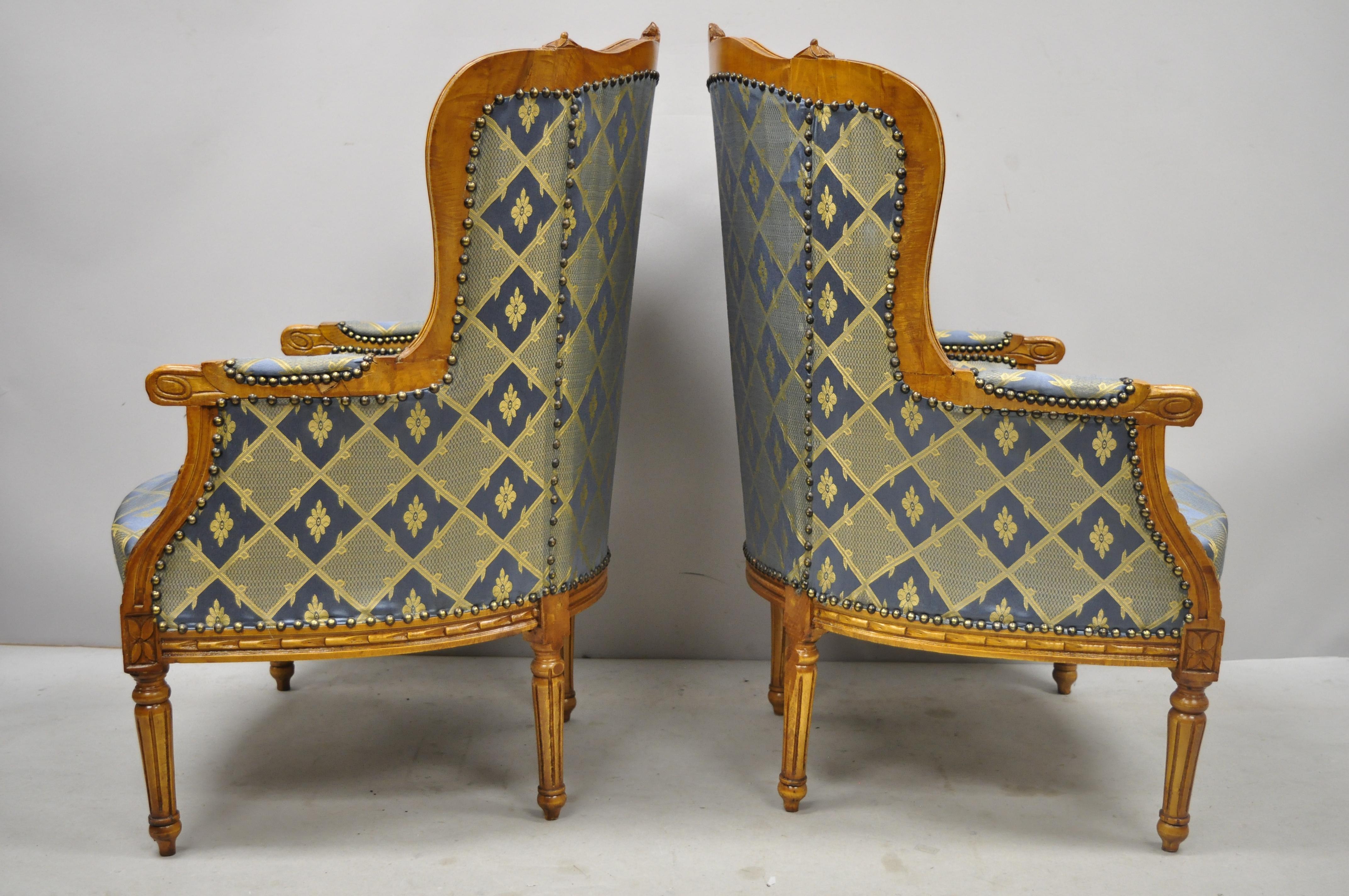 Pair of Louis XVI French Upholstered Wingback Bergere Lounge Armchairs Blue Gold 6