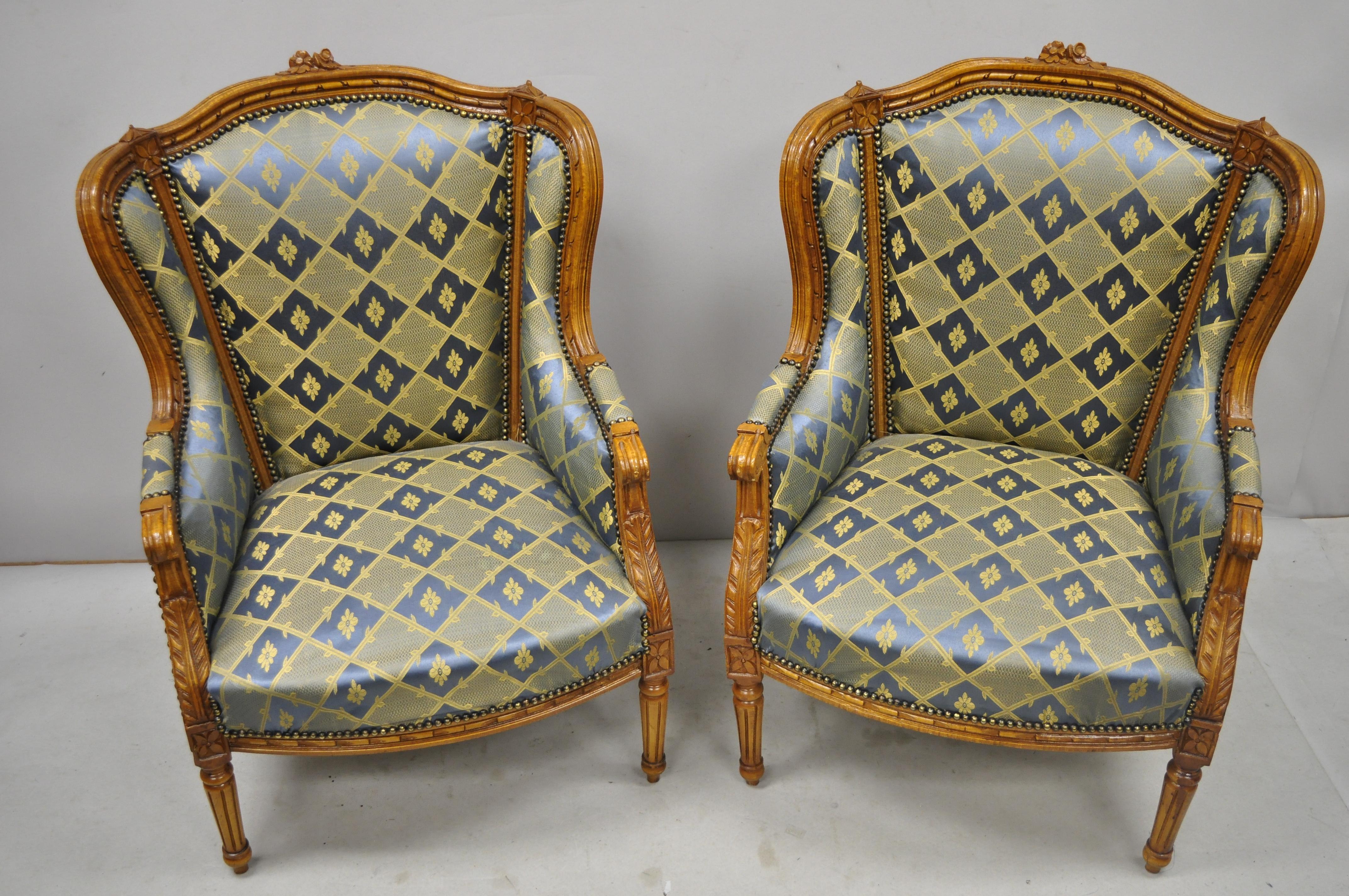 Pair of Louis XVI French Upholstered Wingback Bergere Lounge Armchairs Blue Gold 7