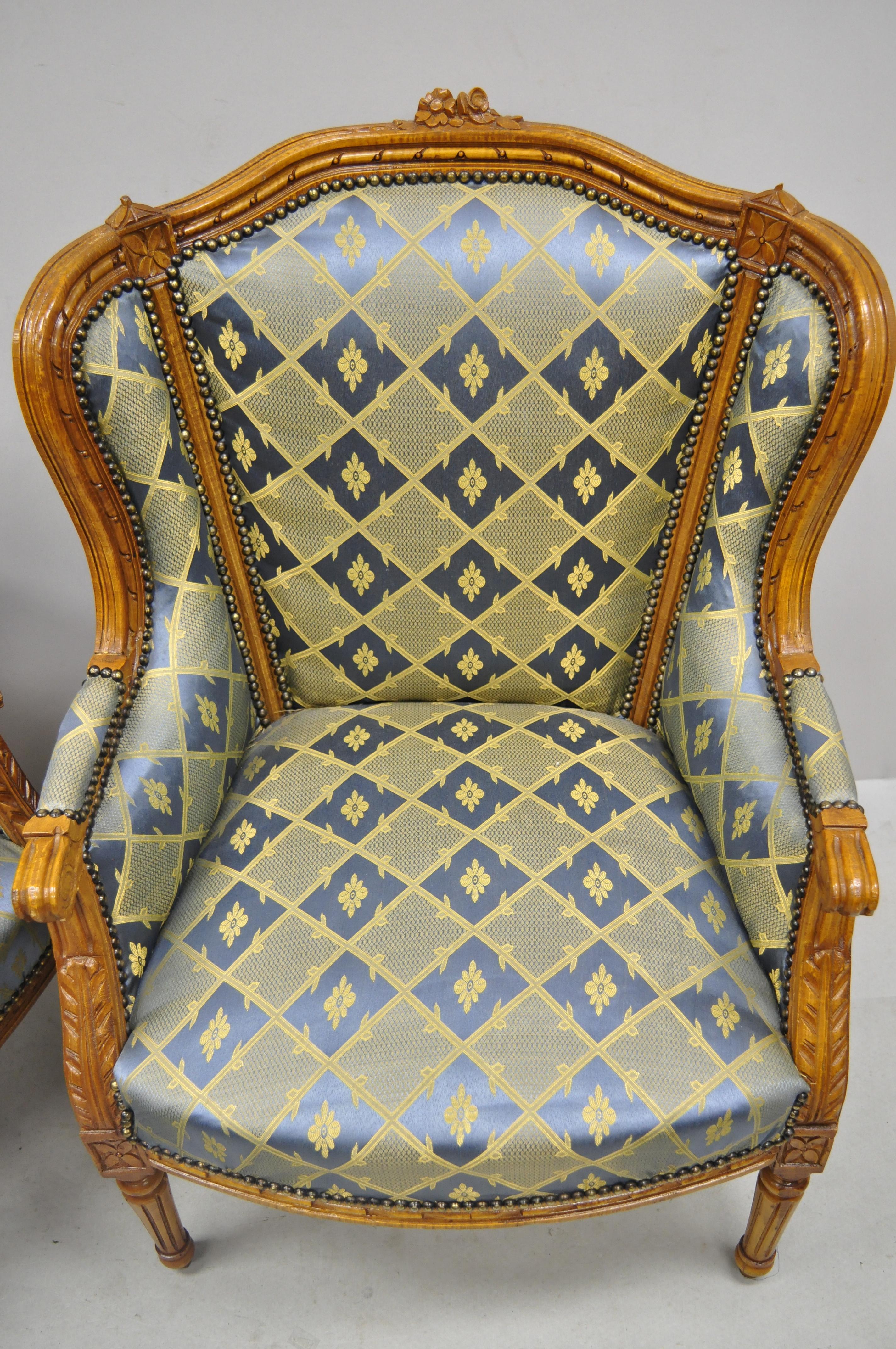 Pair of Louis XVI French Upholstered Wingback Bergere Lounge Armchairs Blue Gold In Good Condition In Philadelphia, PA