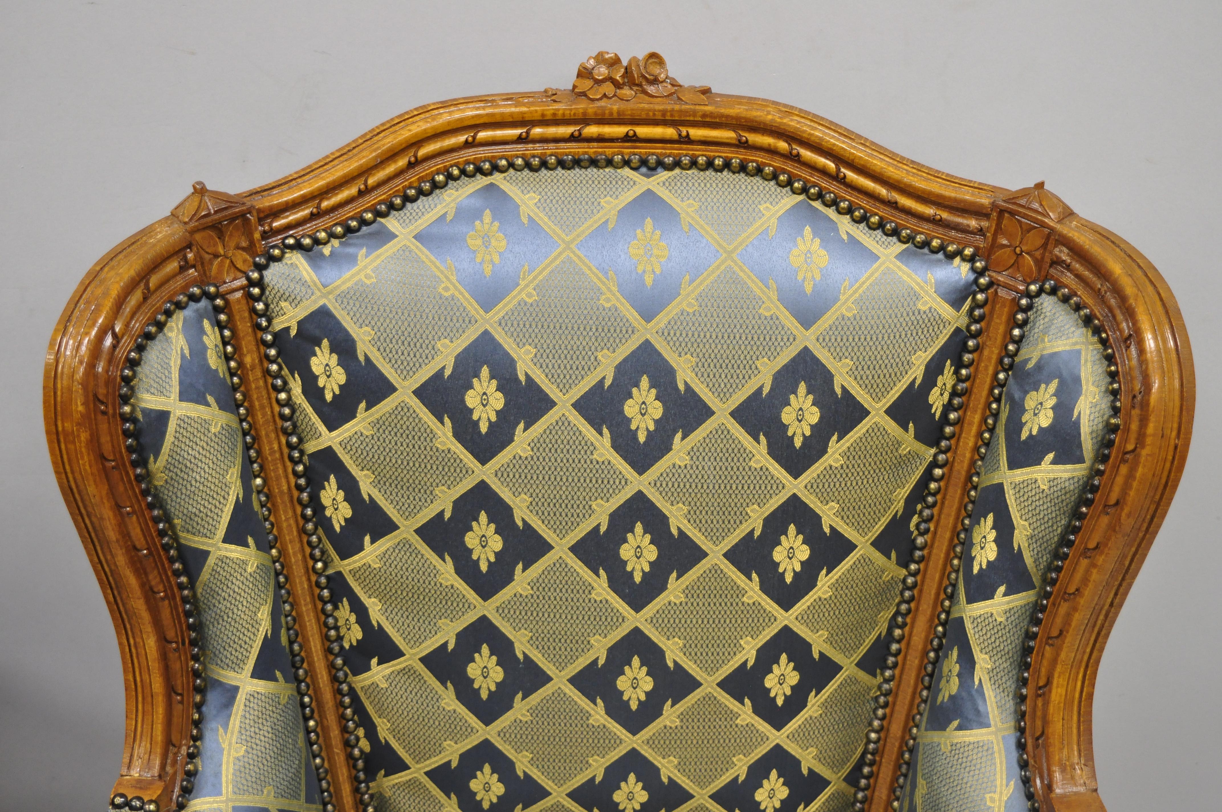 20th Century Pair of Louis XVI French Upholstered Wingback Bergere Lounge Armchairs Blue Gold