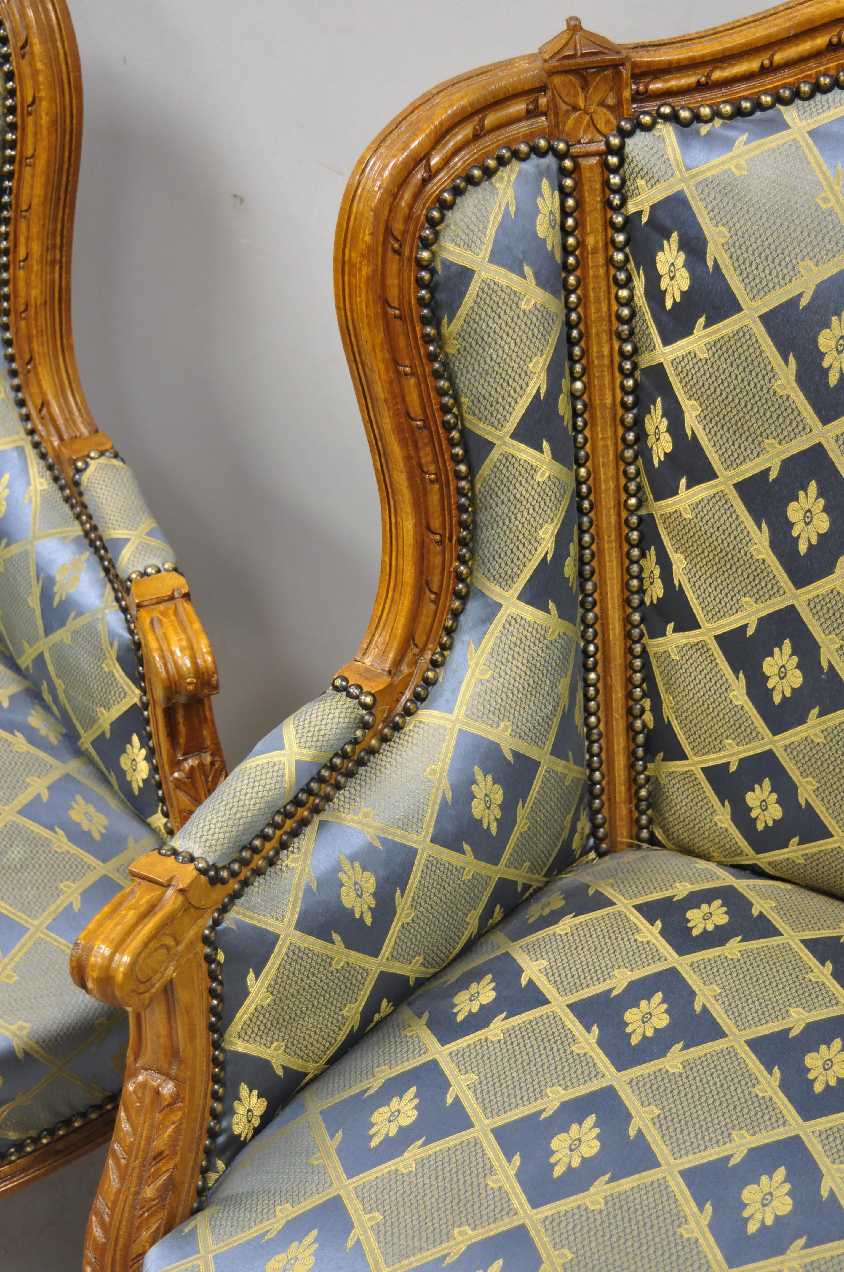 Pair of Louis XVI French Upholstered Wingback Bergere Lounge Armchairs Blue Gold 1