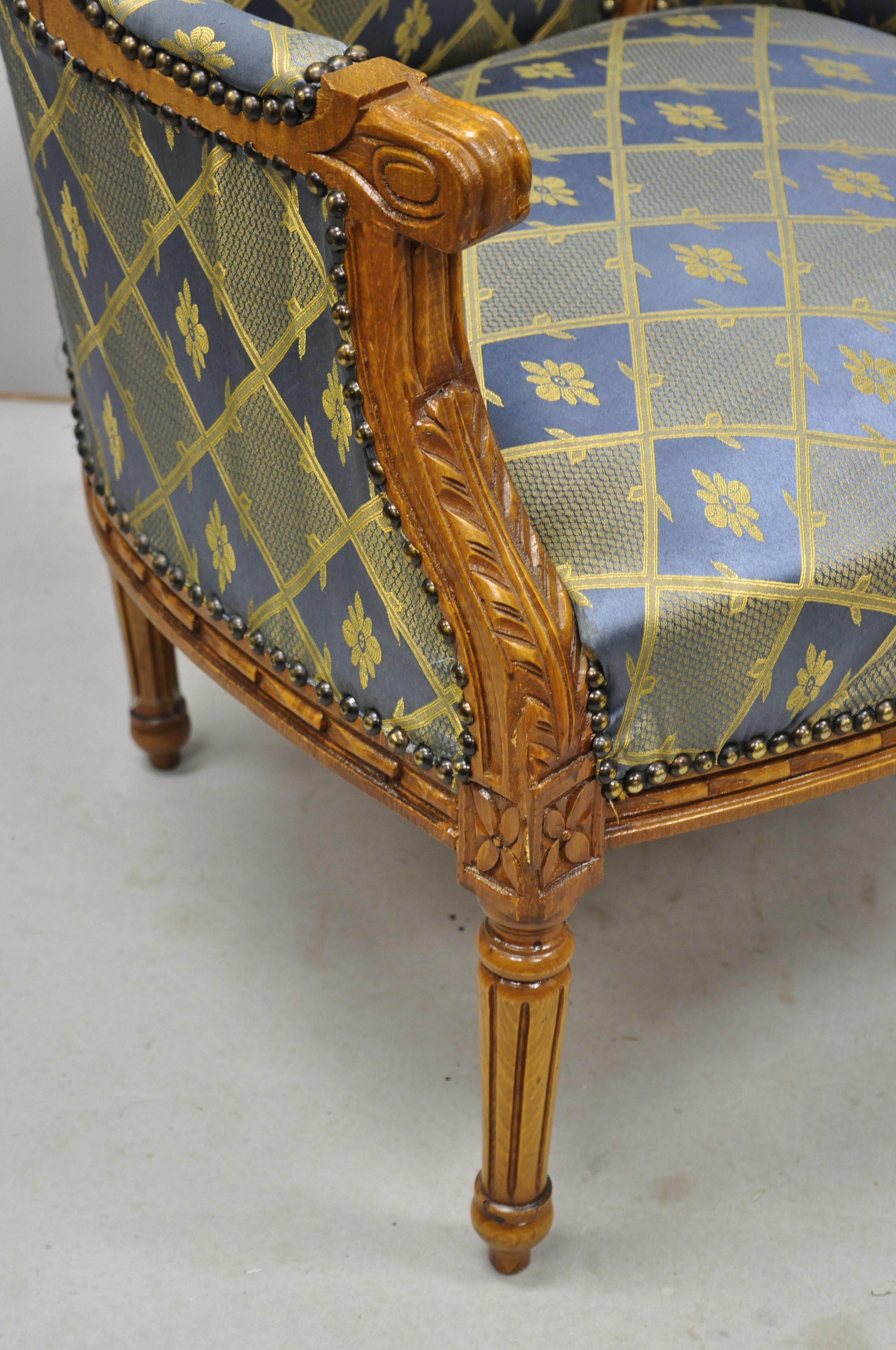 Pair of Louis XVI French Upholstered Wingback Bergere Lounge Armchairs Blue Gold 3