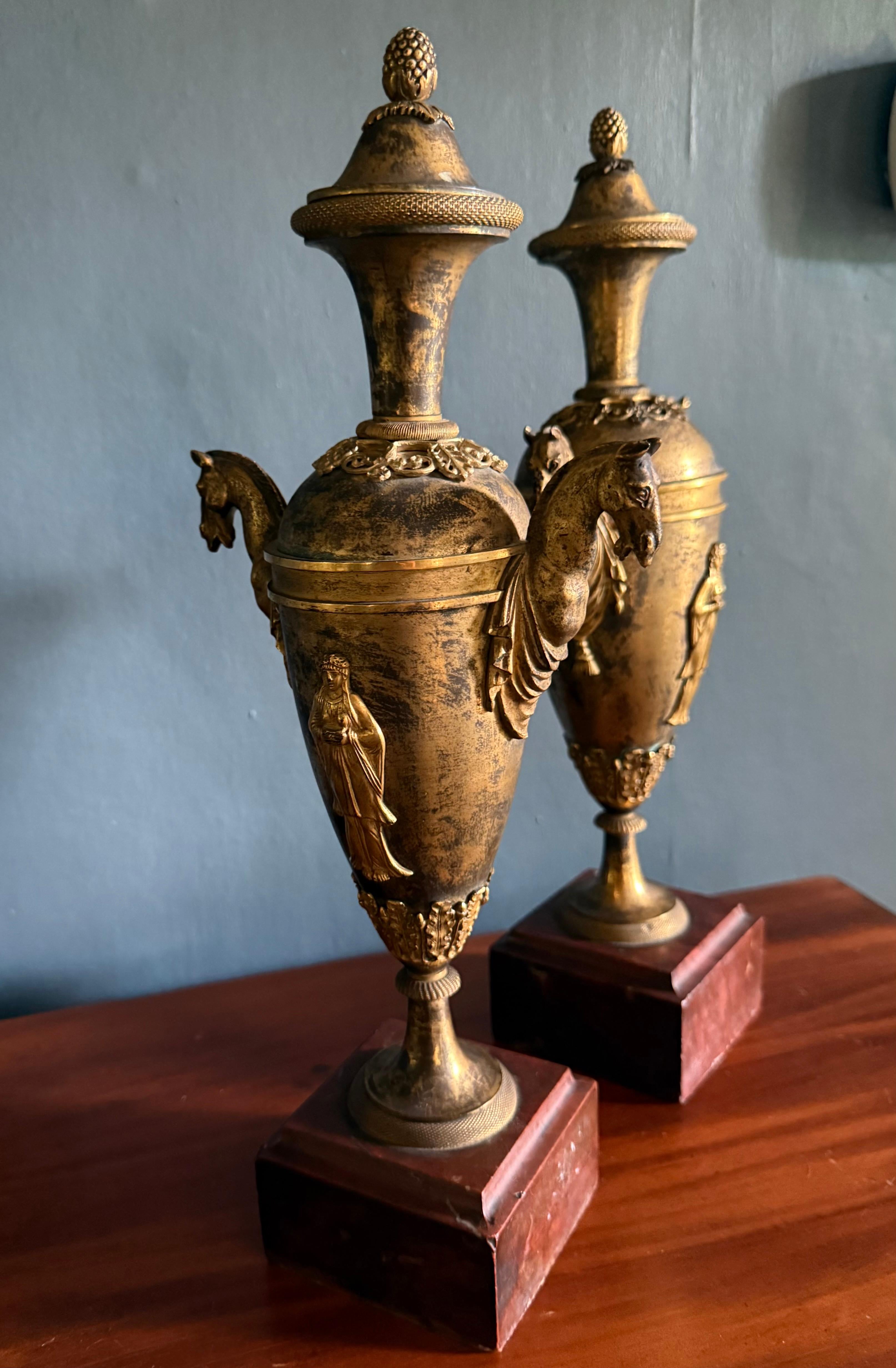 Pair Louis XVI  Ormolu Bronze Horse Handled Urn Candlesticks For Sale 3