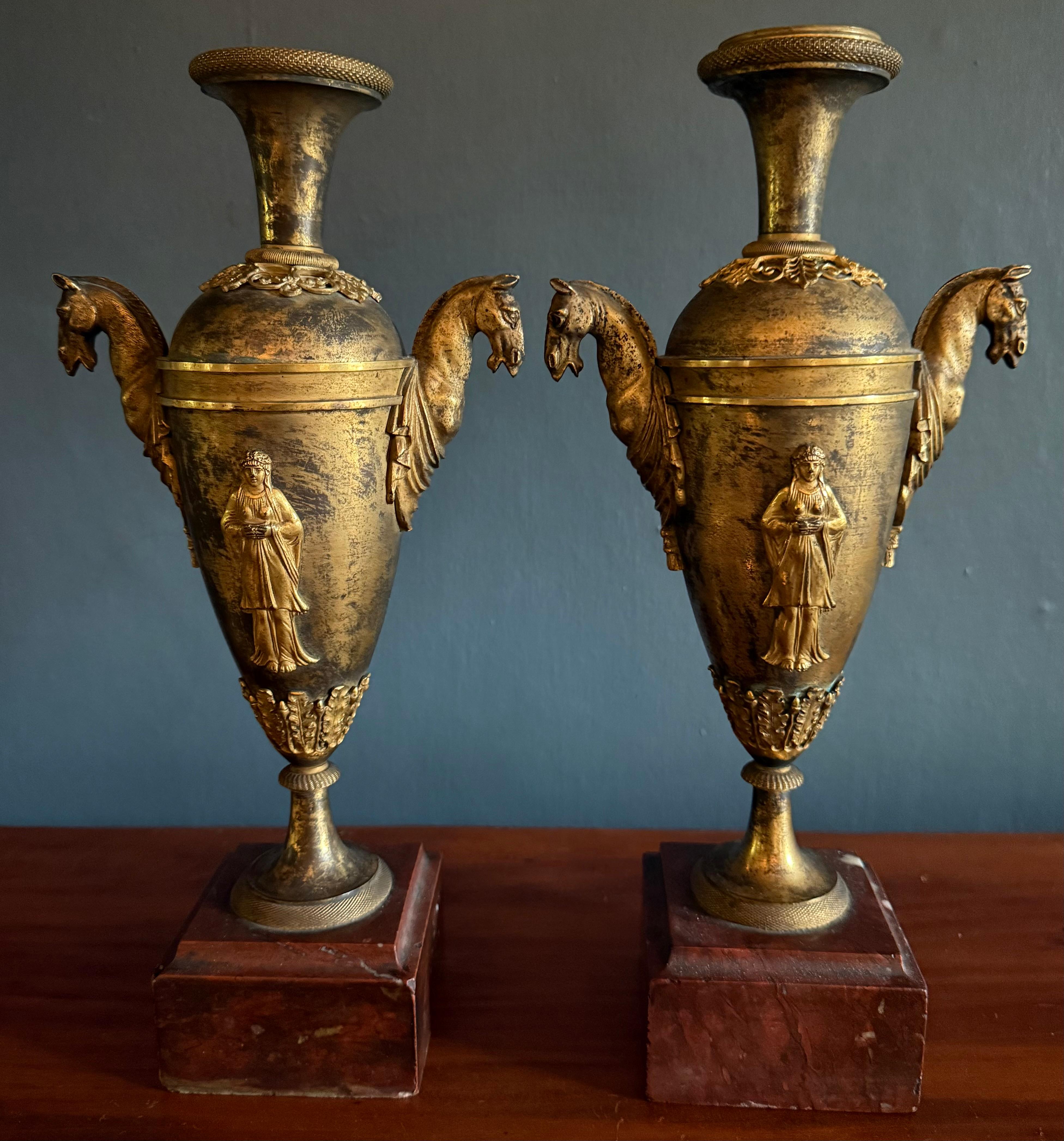 Pair Louis XVI  Ormolu Bronze Horse Handled Urn Candlesticks For Sale 4
